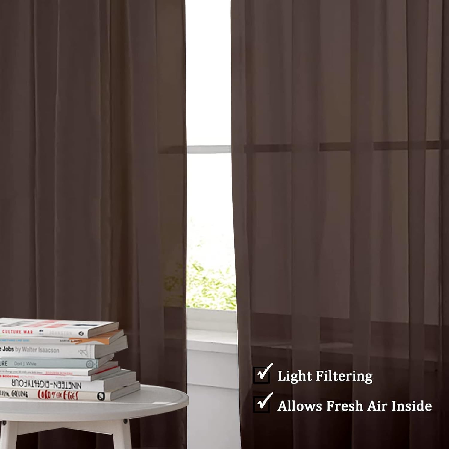Lightweight 100% Polyester Chocolate Sheer Curtains – 2 Panels, 84″ Length