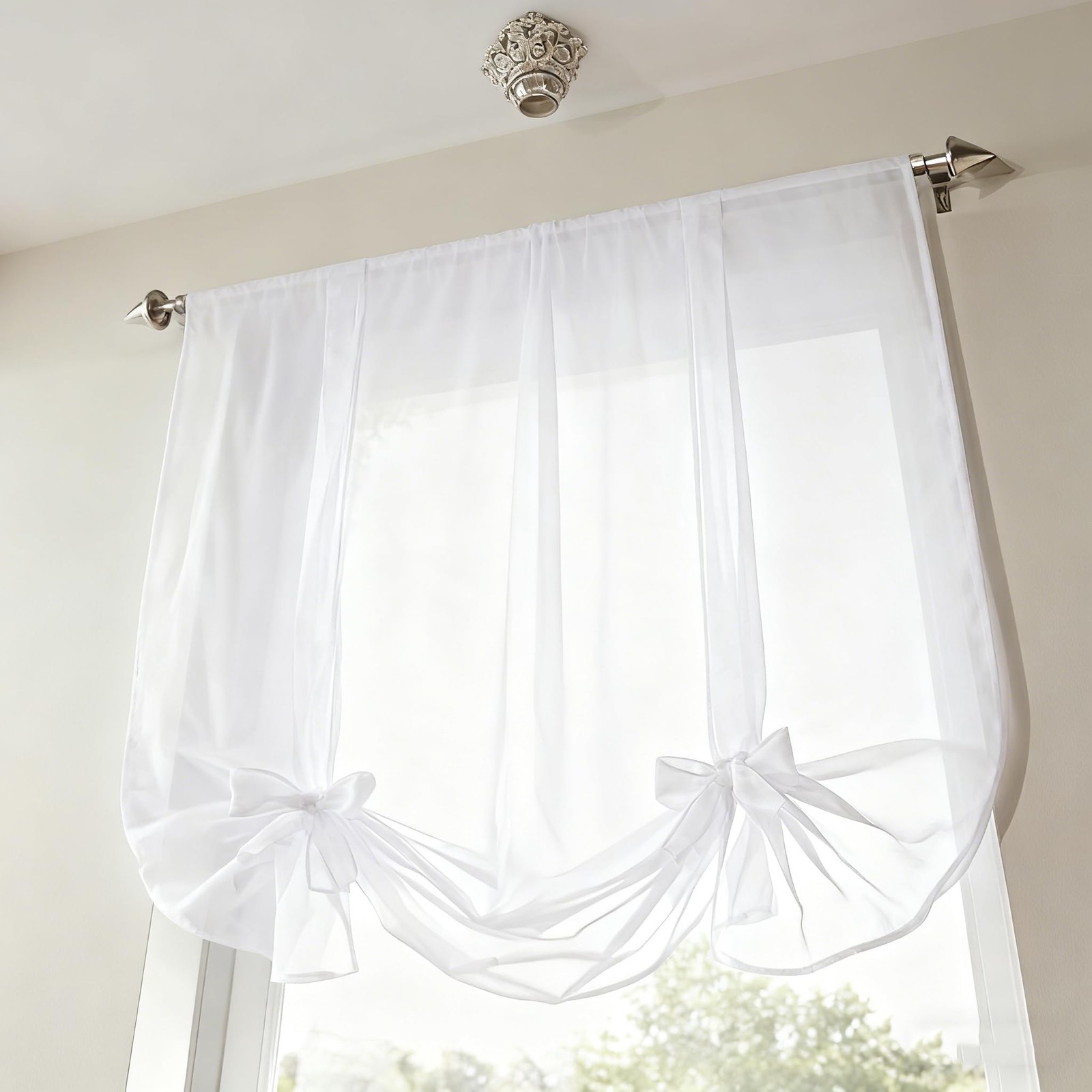 WPKIRA 1 Panel Ribbon Tie Up Solid White Roman Curtain Transparent Sheer Voil…