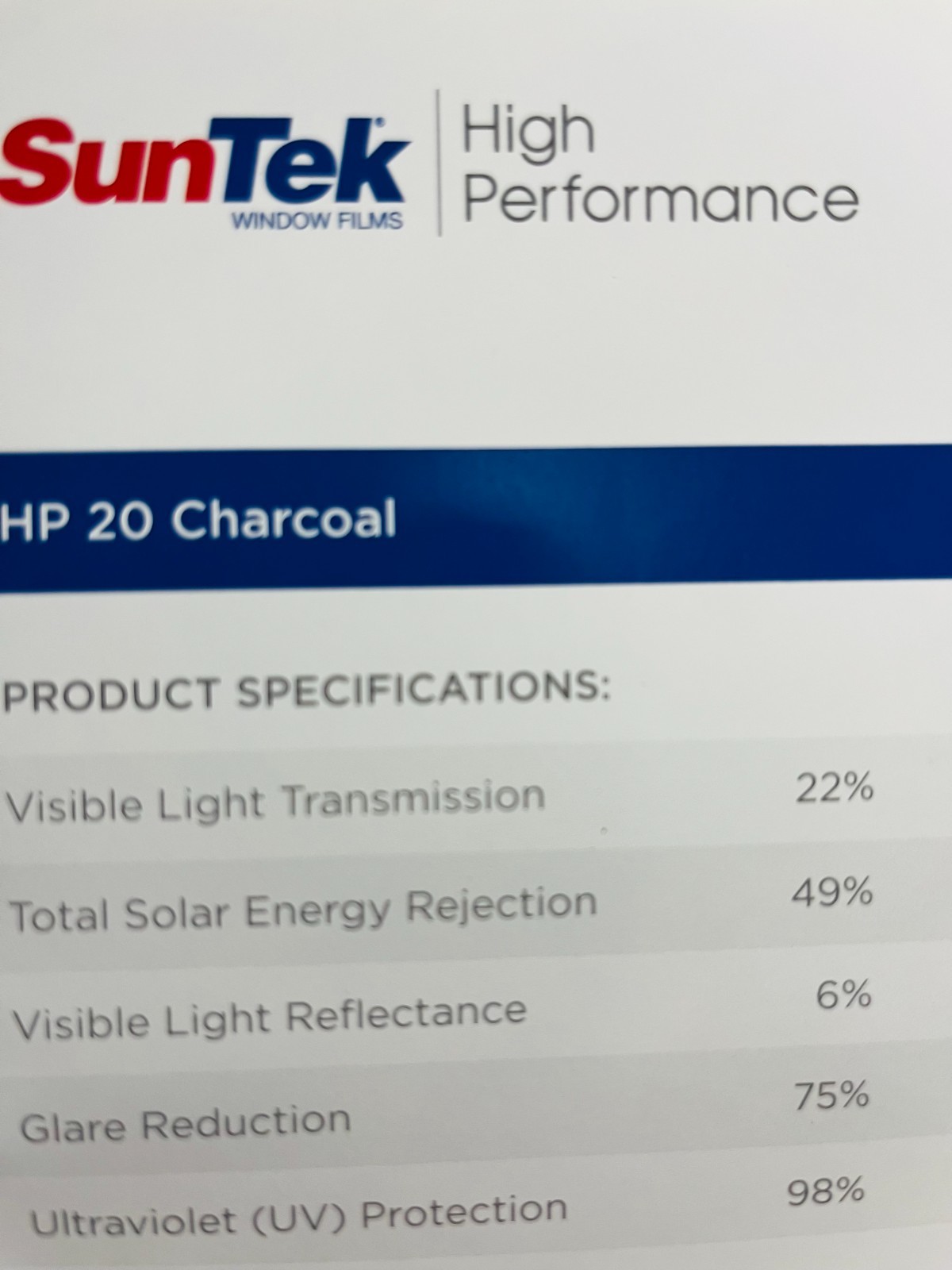 SunTek High Performance series 20% window film VLT 36″ IN x 100″ FT