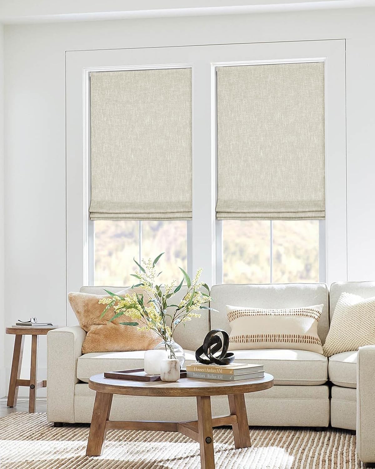 No tools required, wireless Roman shade, 34 in wide × 64 inches high, beige.