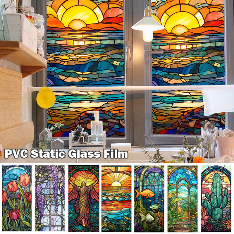 Static Cling Stained Tropical Plant Flower Sunrise PVC Window Glass Sticker