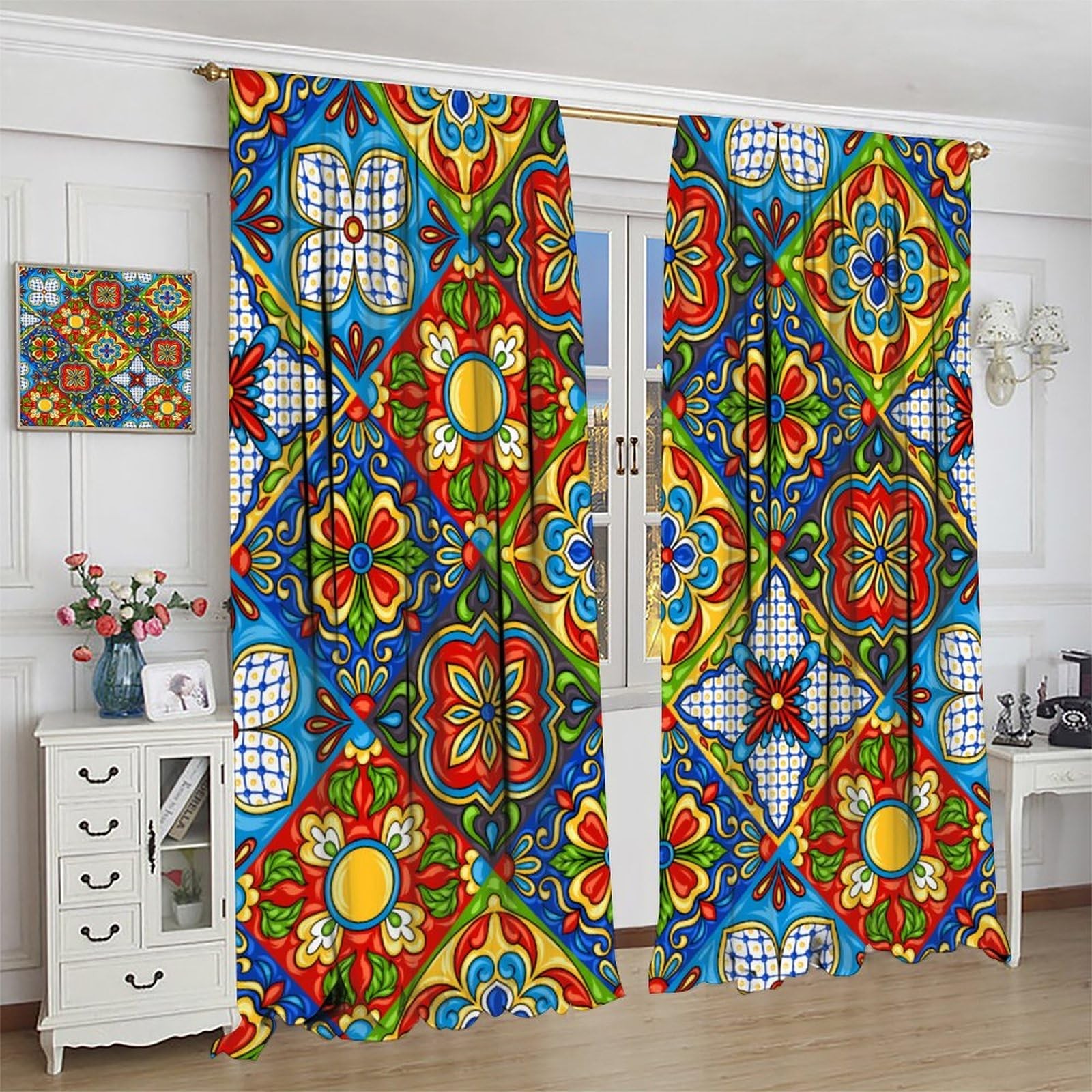 Mexican Tile Curtains, Boho Colorful Flowers Talavera Style Pattern Print Win…