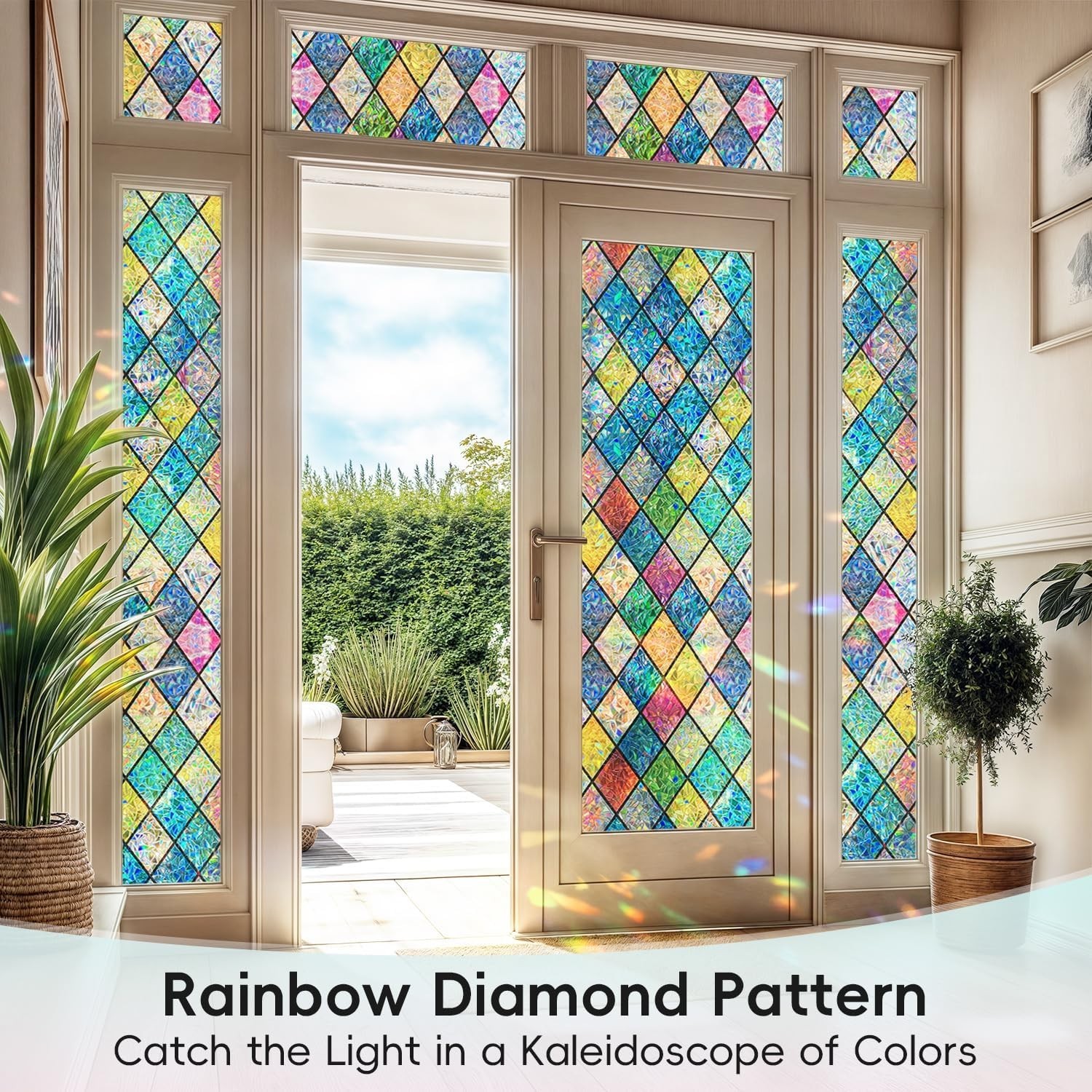 Stained Glass Window Film – Rainbow Diamond Grid, 11.8×39.3 Inch Privacy Decor