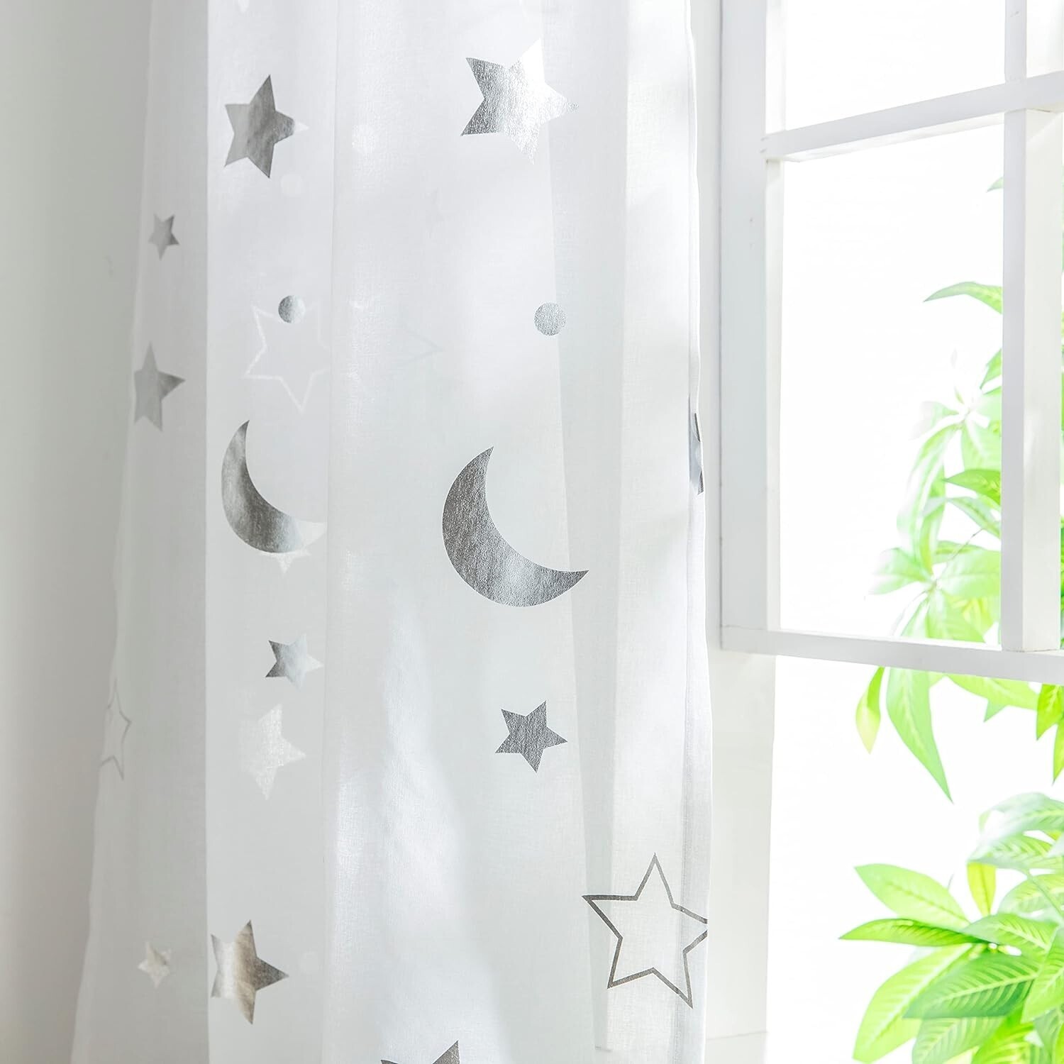 2 Panels Star Moon Sheer Curtains Tulle Voile Gauze Window Drapes Rod Pocket