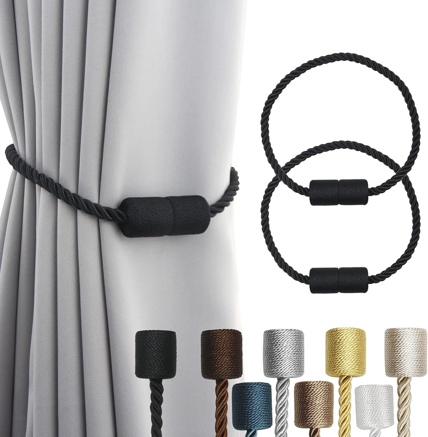 Magnetic Curtain Tiebacks Black Rope Holdbacks Decorative Drapes Two Pack 17.5in