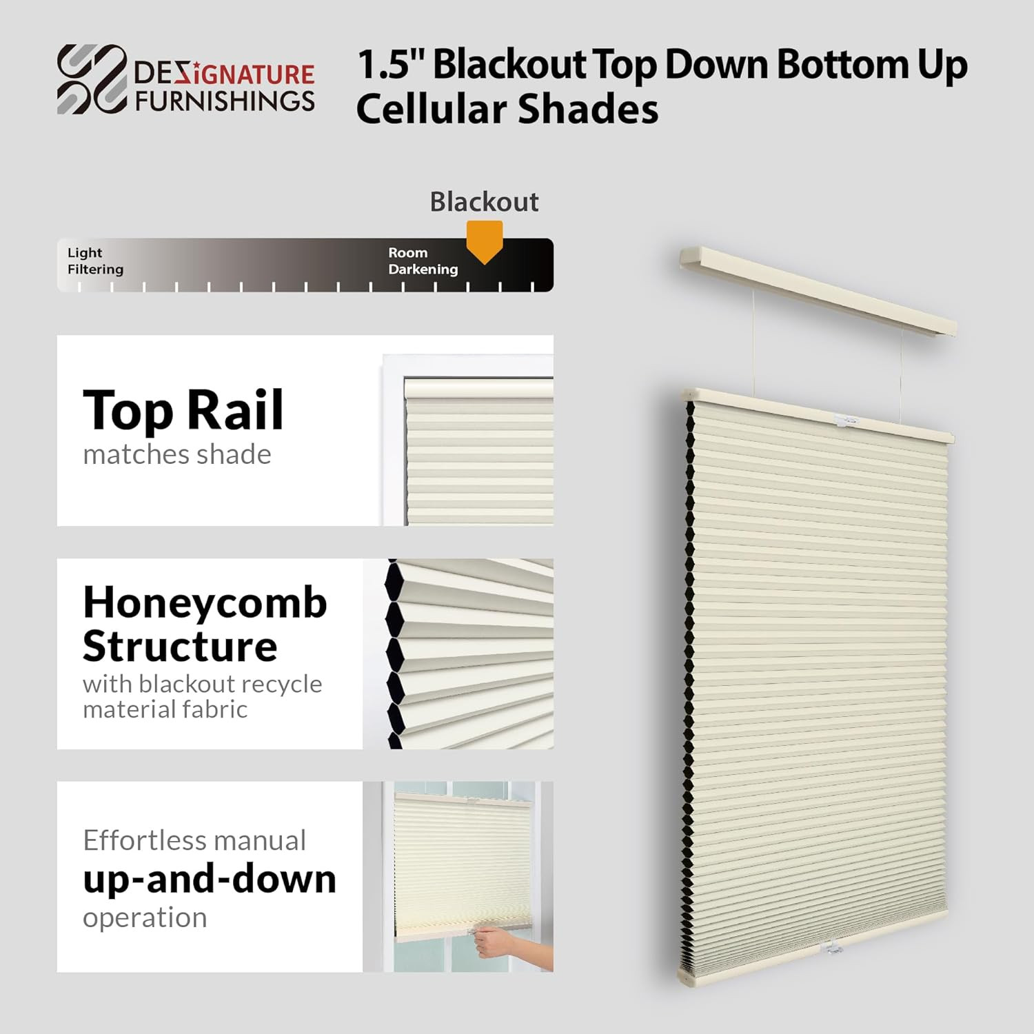 Cordless 1.5″ Blackout Cellular Shade, Top Down Bottom Up, Ivory, 32″ x 72