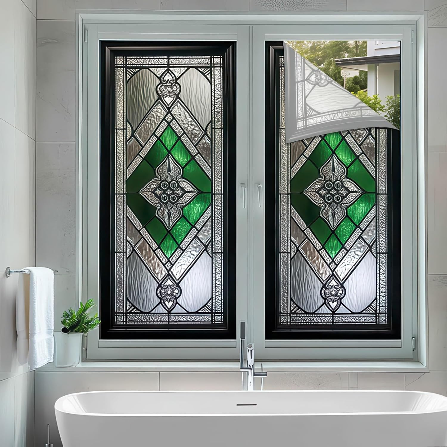HOMETITUTE Stained Glass Window Film 17.7X39.3 Inch Irregular Geometry Grid Gree