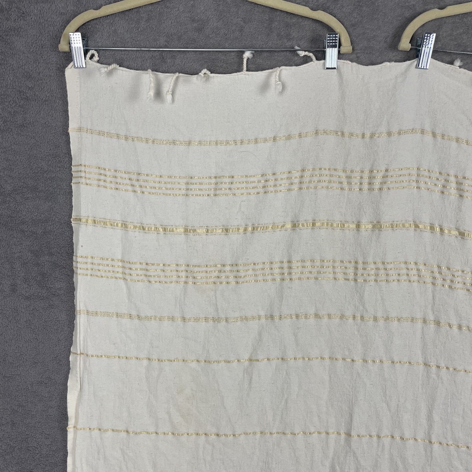Beige Striped Tab Top Window Curtain Panel 34×60 Unlined Light Filtering Fringe
