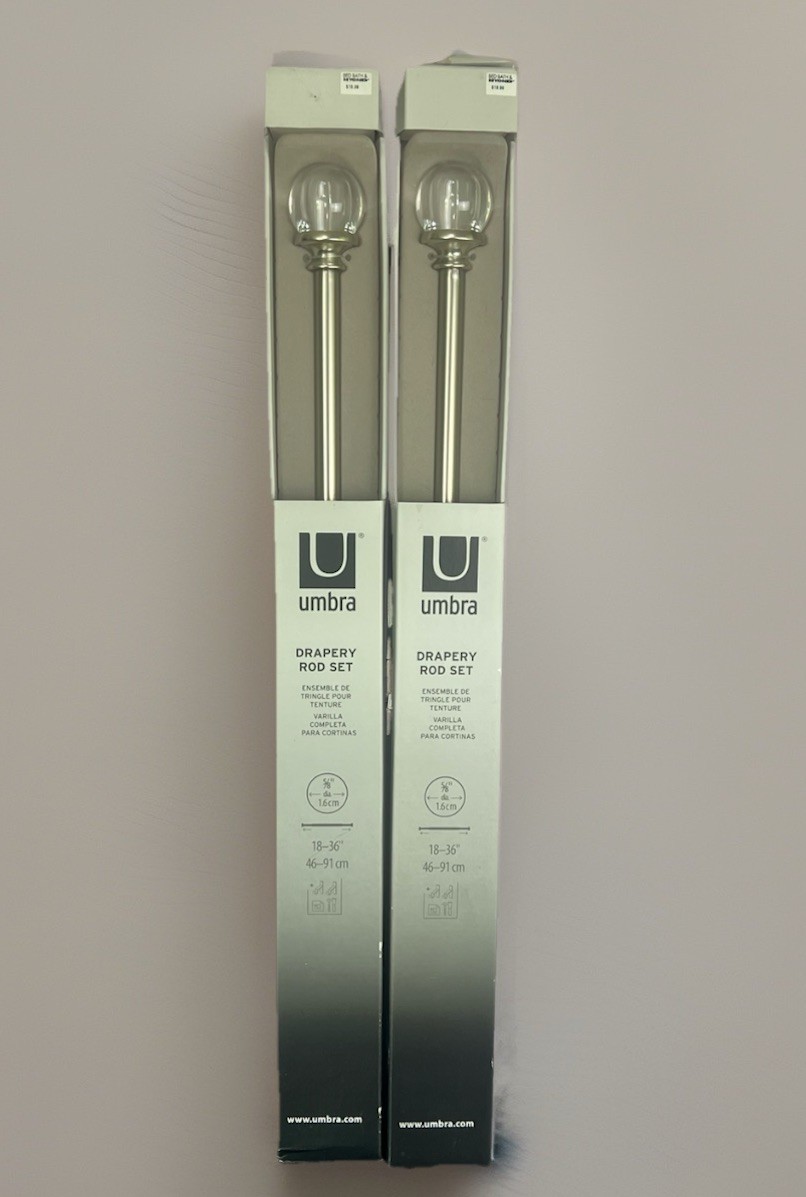 Umbra Drapery Curtain Rod Set of (2) Two 18-36” Brushed Nickel Acrylic Ball NOS