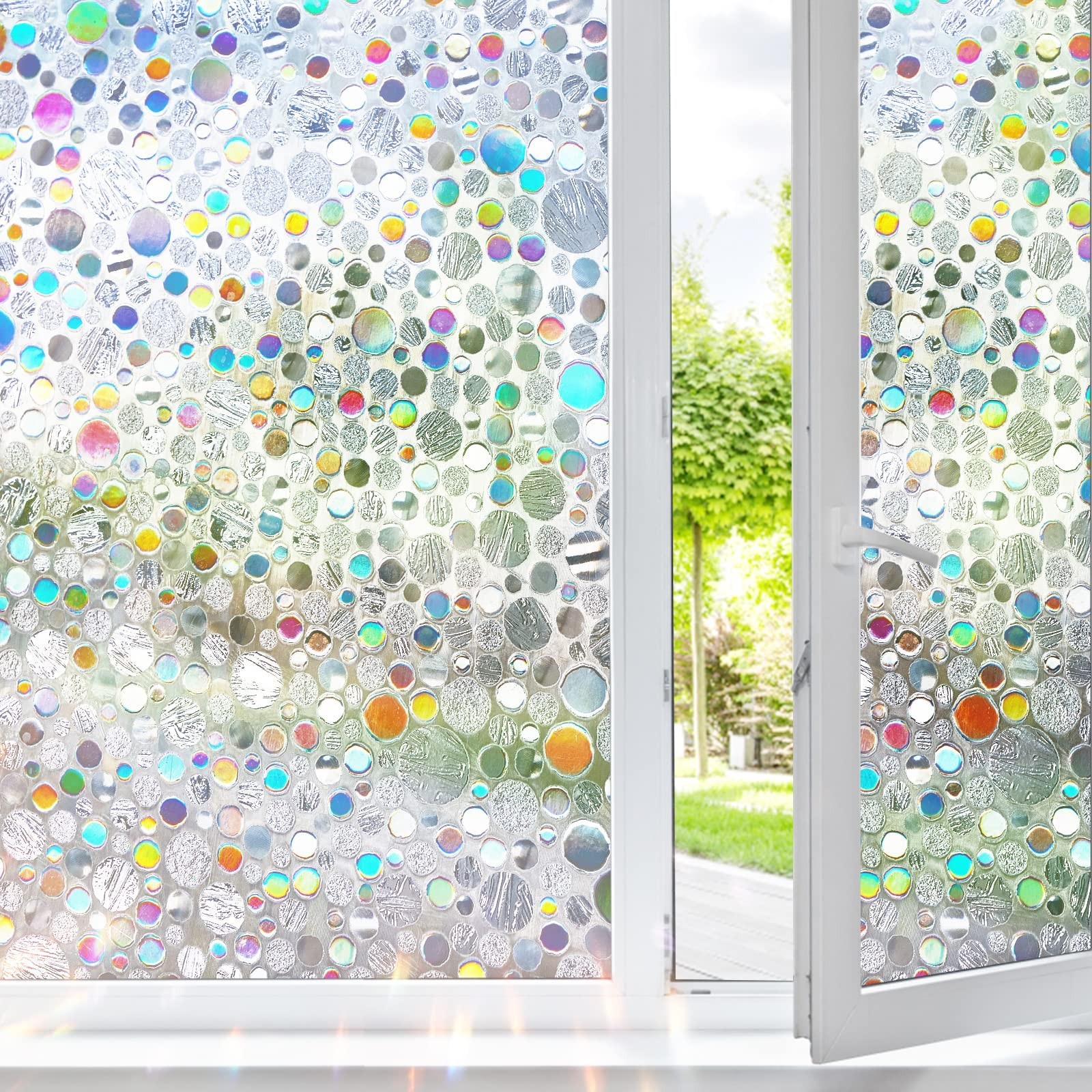 Iridescent Window Film, Bubble Design, 91% UV Blocking,No Glue Needed,Multicolor