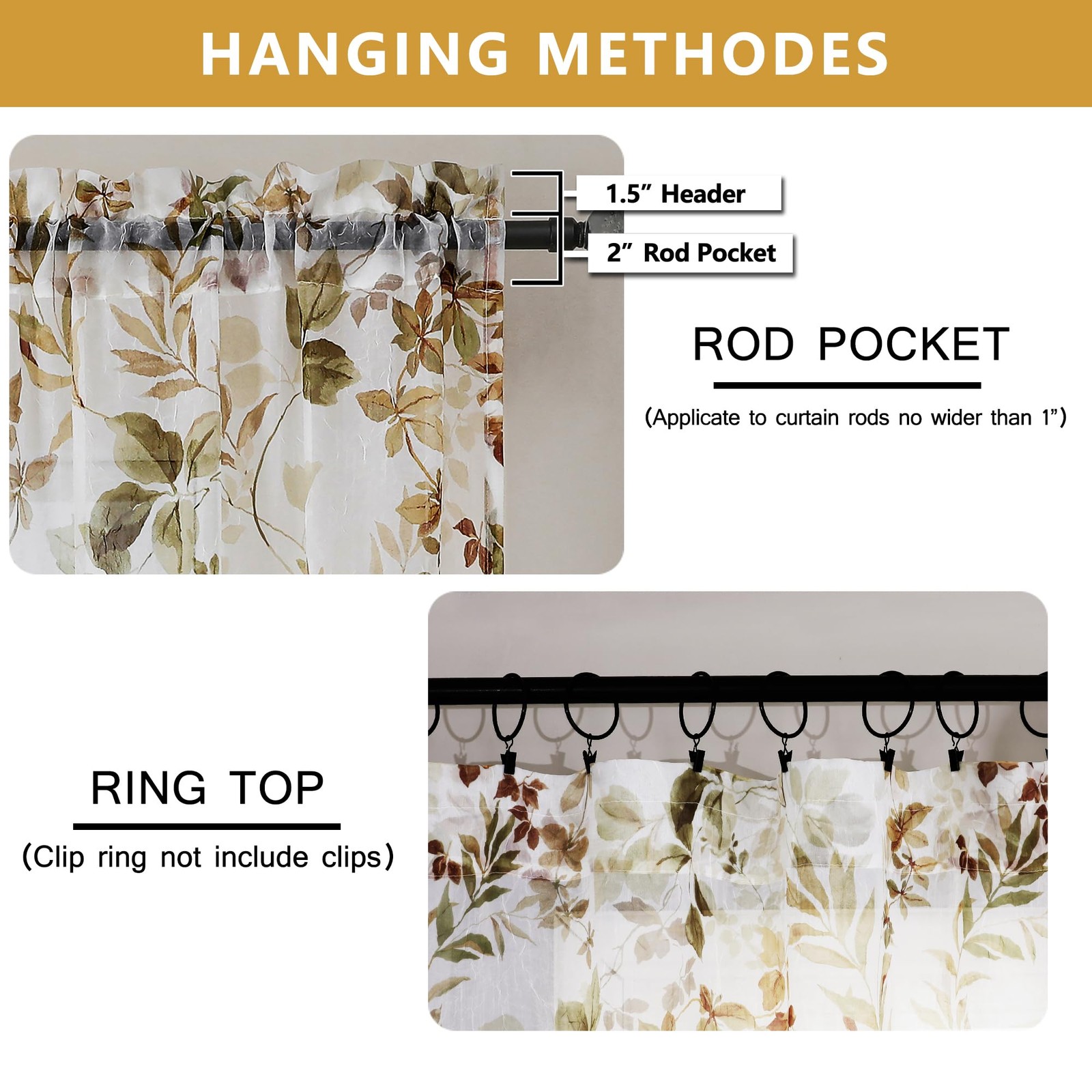 Crushed Sheer Curtains 63 Inch Length 2 Panels Set, Sheer Floral Curtians wit
