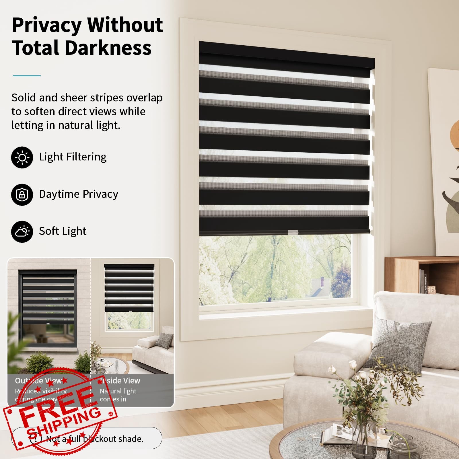 MYshade Zebra Blinds Black 50″W x 72″H Dual Layer Day Night Shades