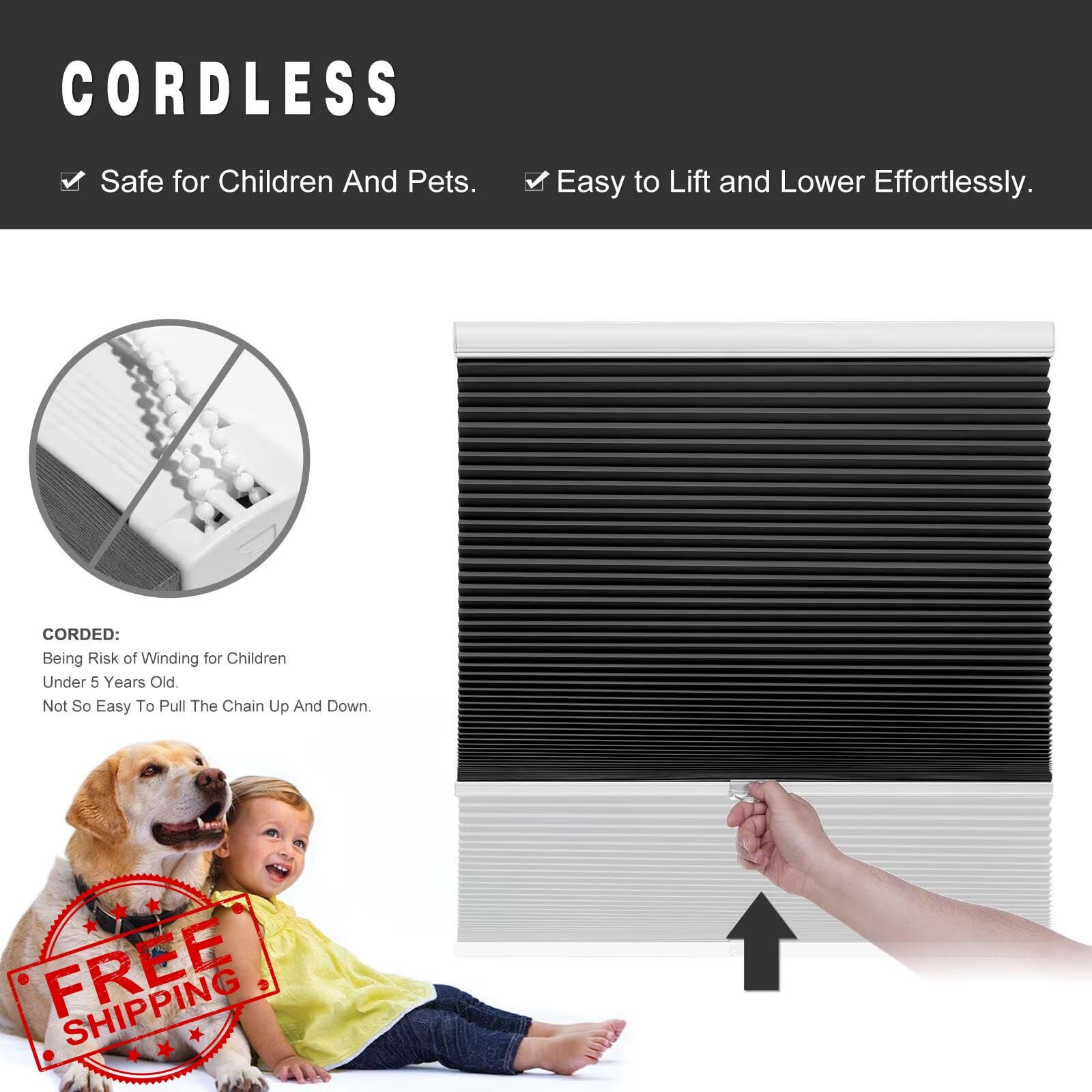 Changshade Blackout Cellular Shade 39″W x 72″H Cordless Honeycomb Blind