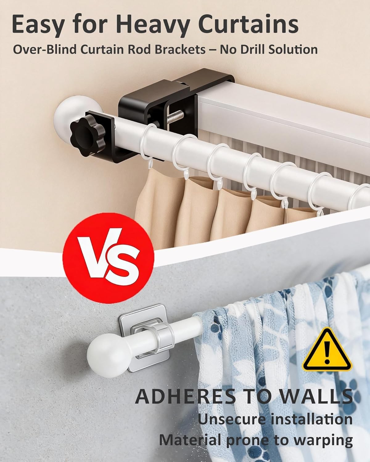 Black No-Drill Curtain Bracket Set for Outside-Mount Blinds, 3-Pack