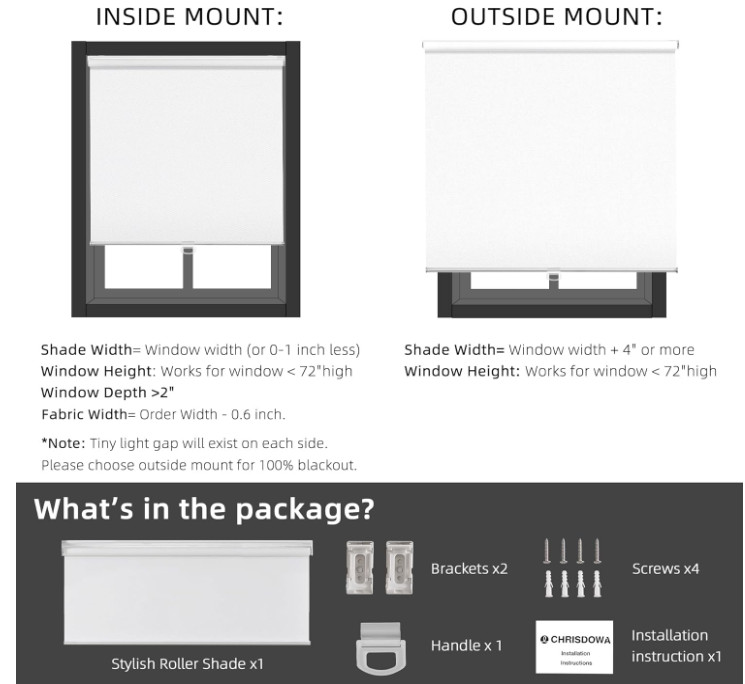ChrisDowa Cordless Free-Stop 100% Blackout Blinds , Roller Windows 38 W x 72 H