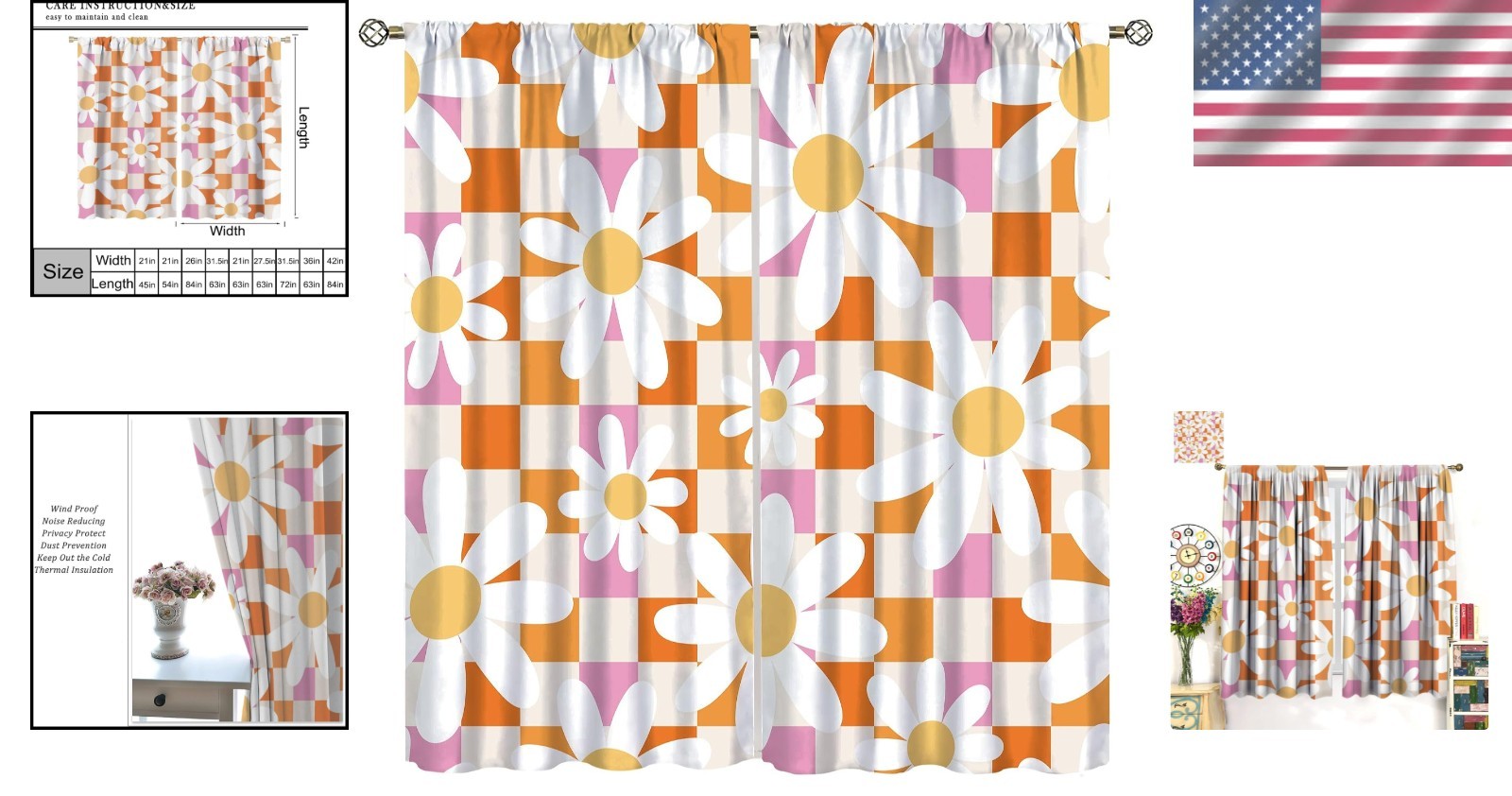 Colorful 70’s Floral Curtains – Durable Polyester with Easy Care & Installation