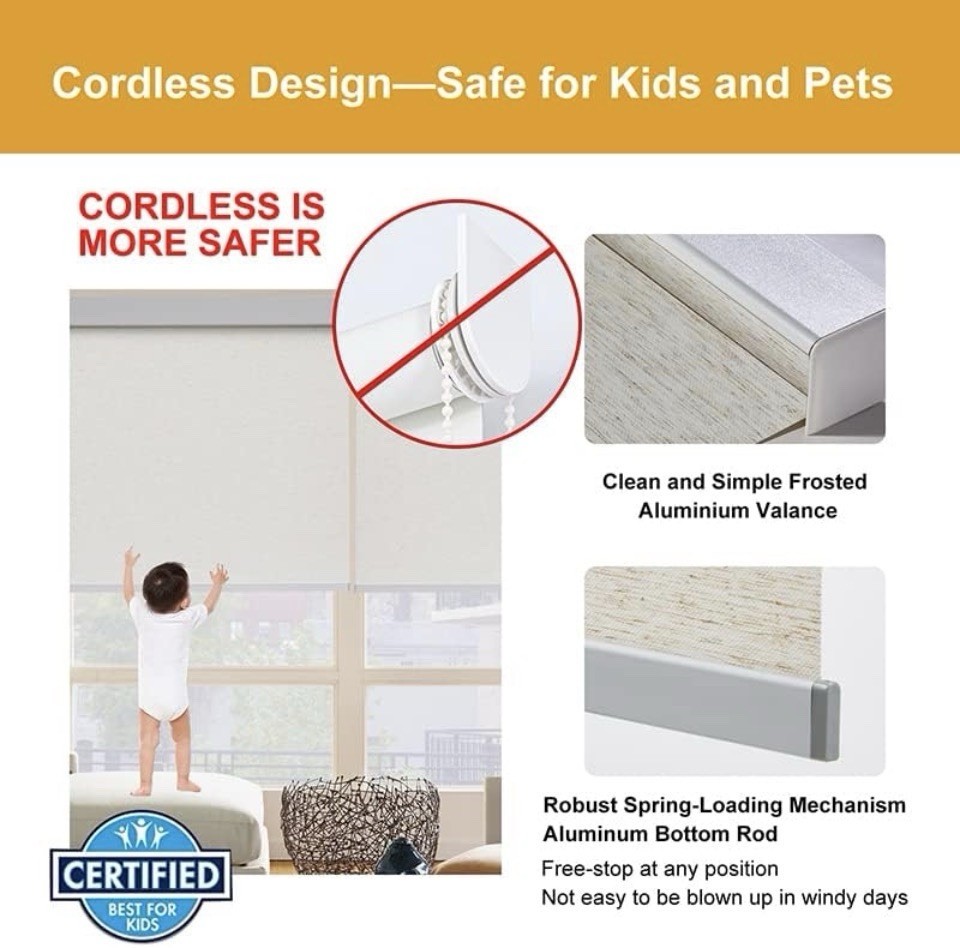 Cordless Roller Shades Light Filtering Roller Window Shades (30″W x 64″H) Cream