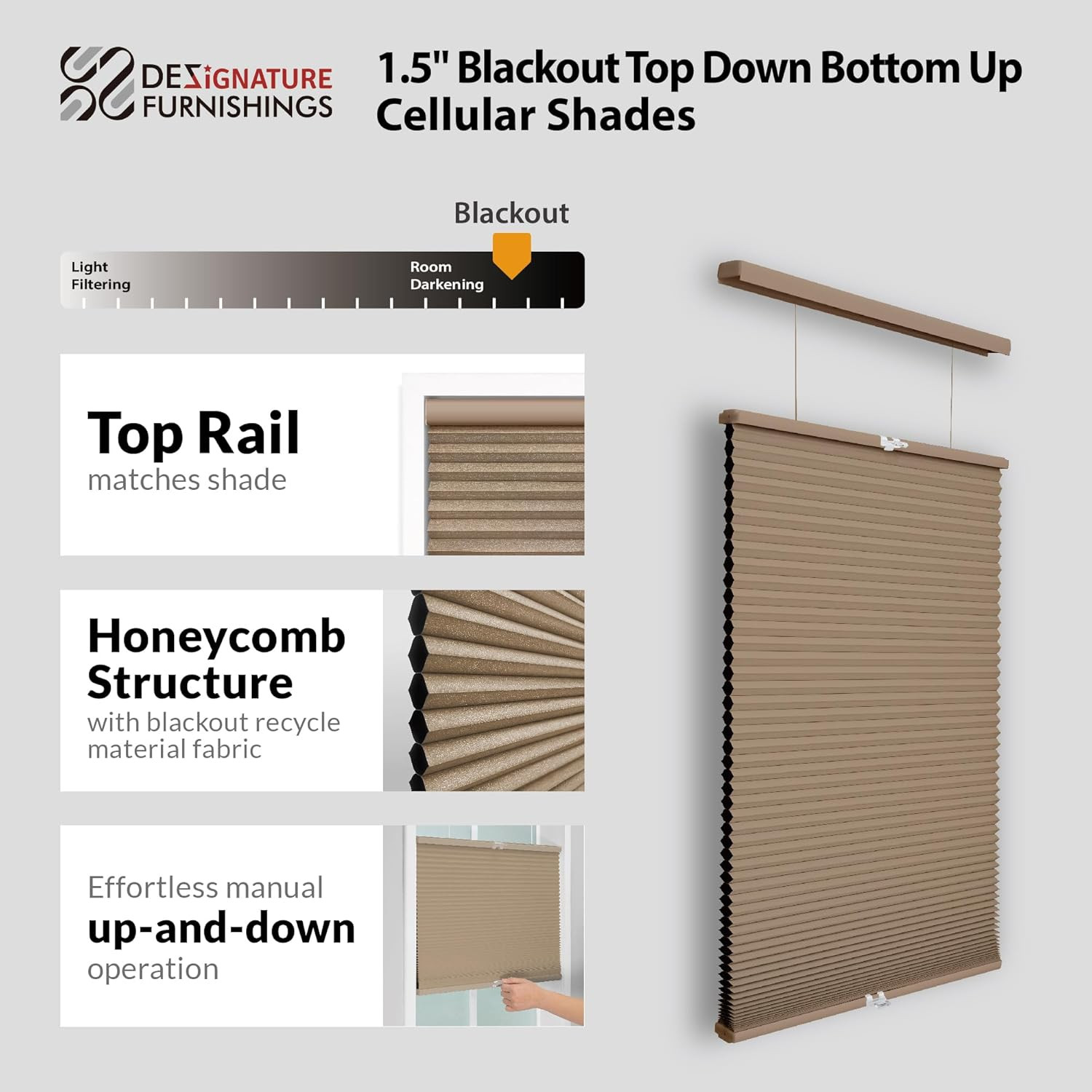 Cordless 1.5″ Blackout Cellular Shade, Top Down Bottom Up, Latte, 39.5″ W X 72″