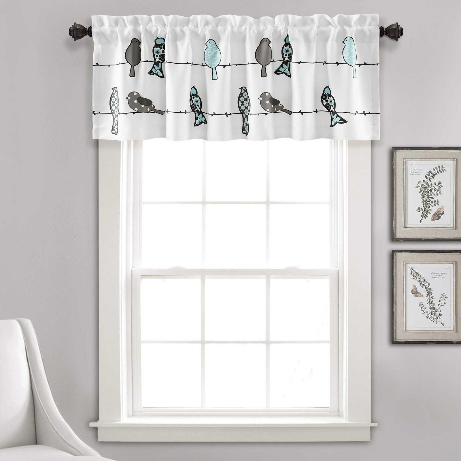 Light Filtering Bird Valance Curtain Panel, 52″ W x 18″ L, Blue & Gray