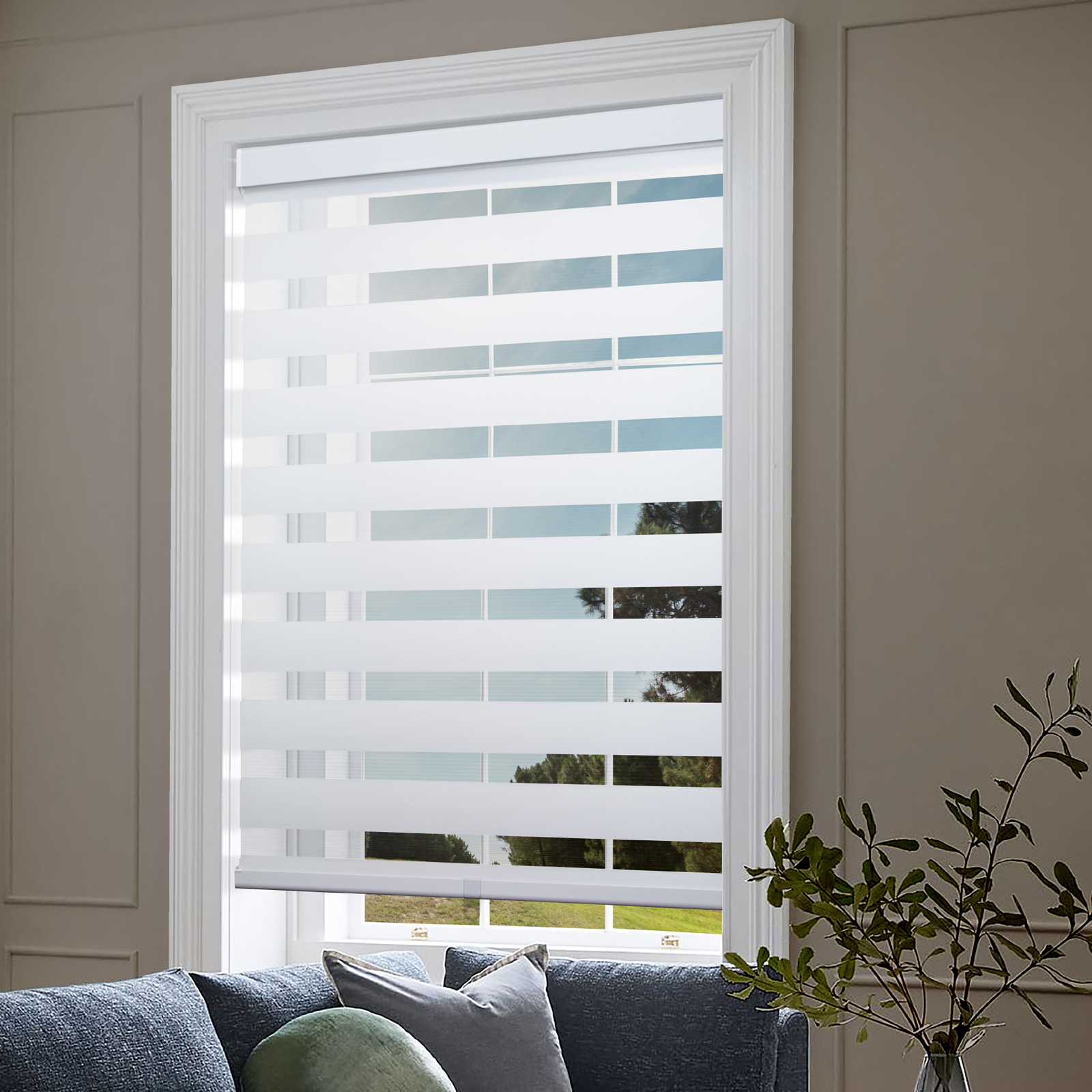 Cordless Window Roller Shades Free-Stop Dual Layer Zebra Blinds – 37″x72″