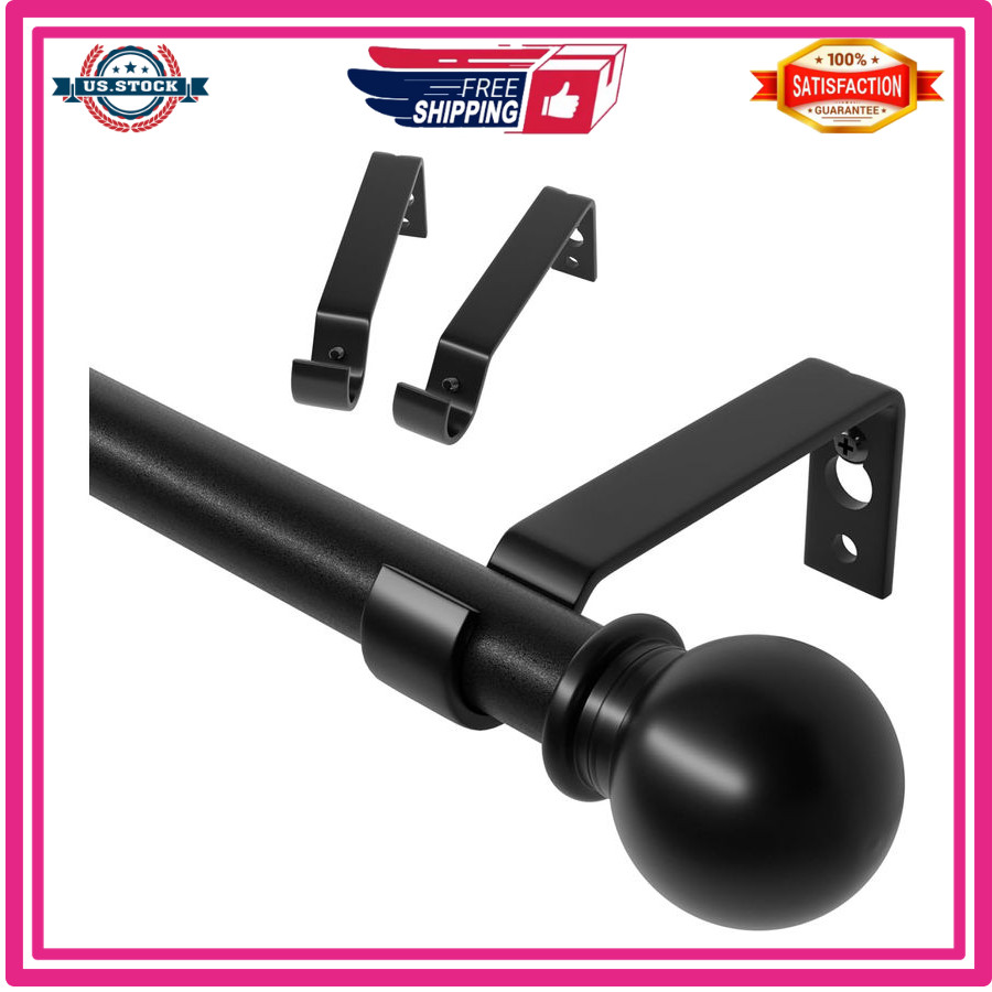 28-48″ Curtain Rod 5/8″ Black Adjustable Metal Rod w/ Brackets