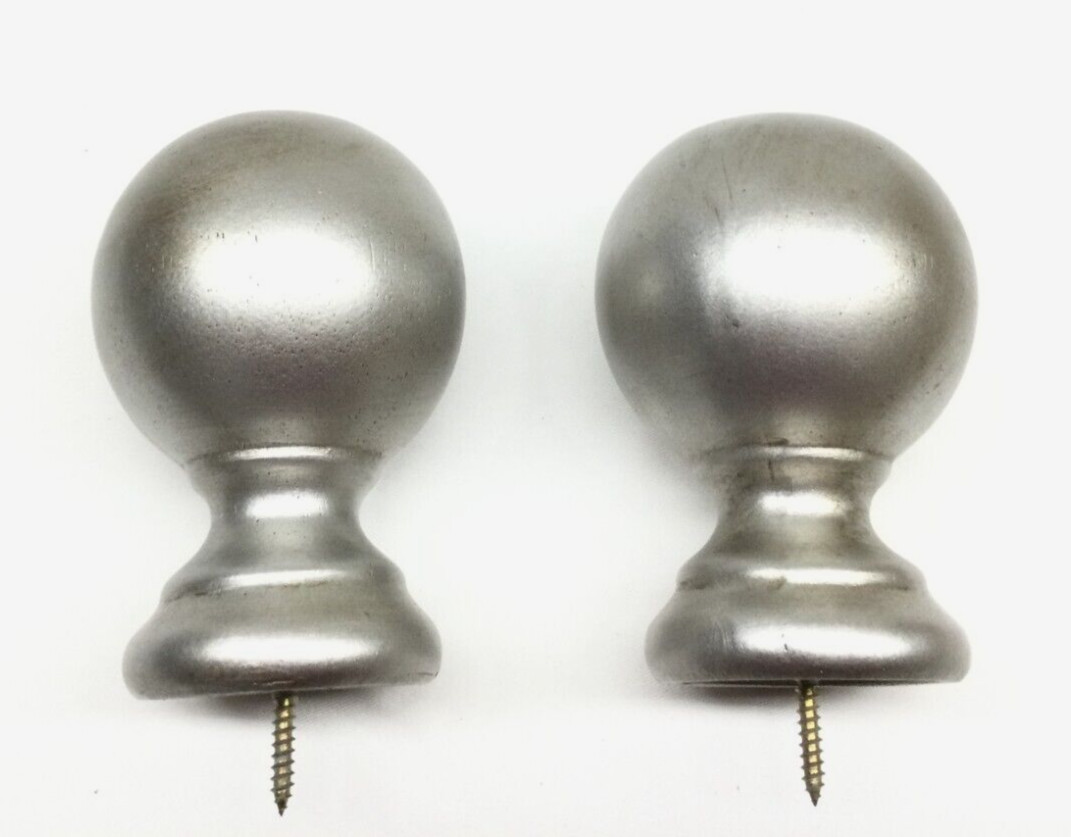 2x Wooden Drapery Curtain Rod Finials Fits 2” Rod – Screw On – Silver