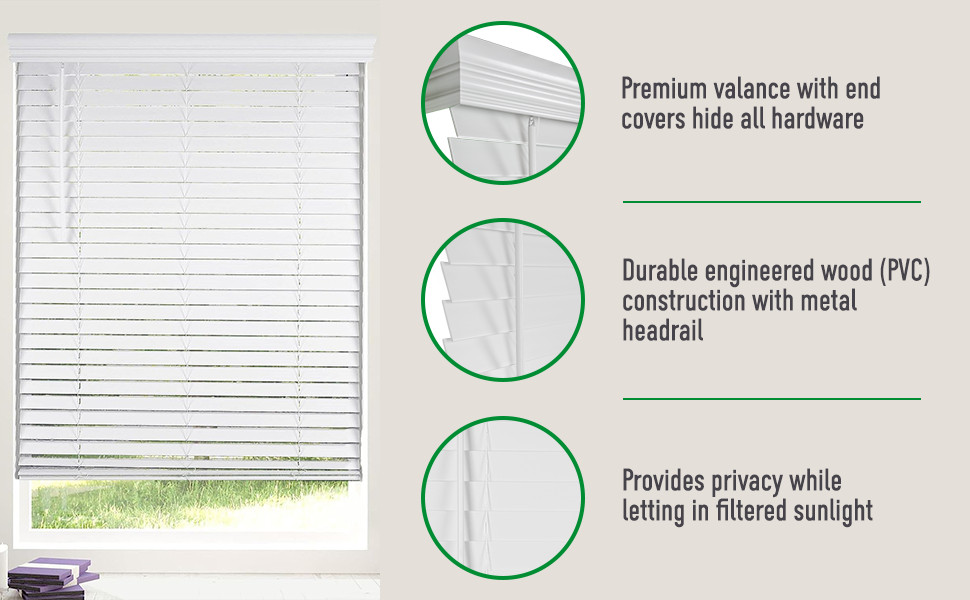 CALYX INTERIORS 2″ Slat Faux Wood Blind with Royal Valance, Cordless, 58.5″W x