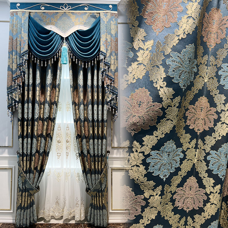 European luxury blue cloth cloth thick window weave curtain valance tulle M1556