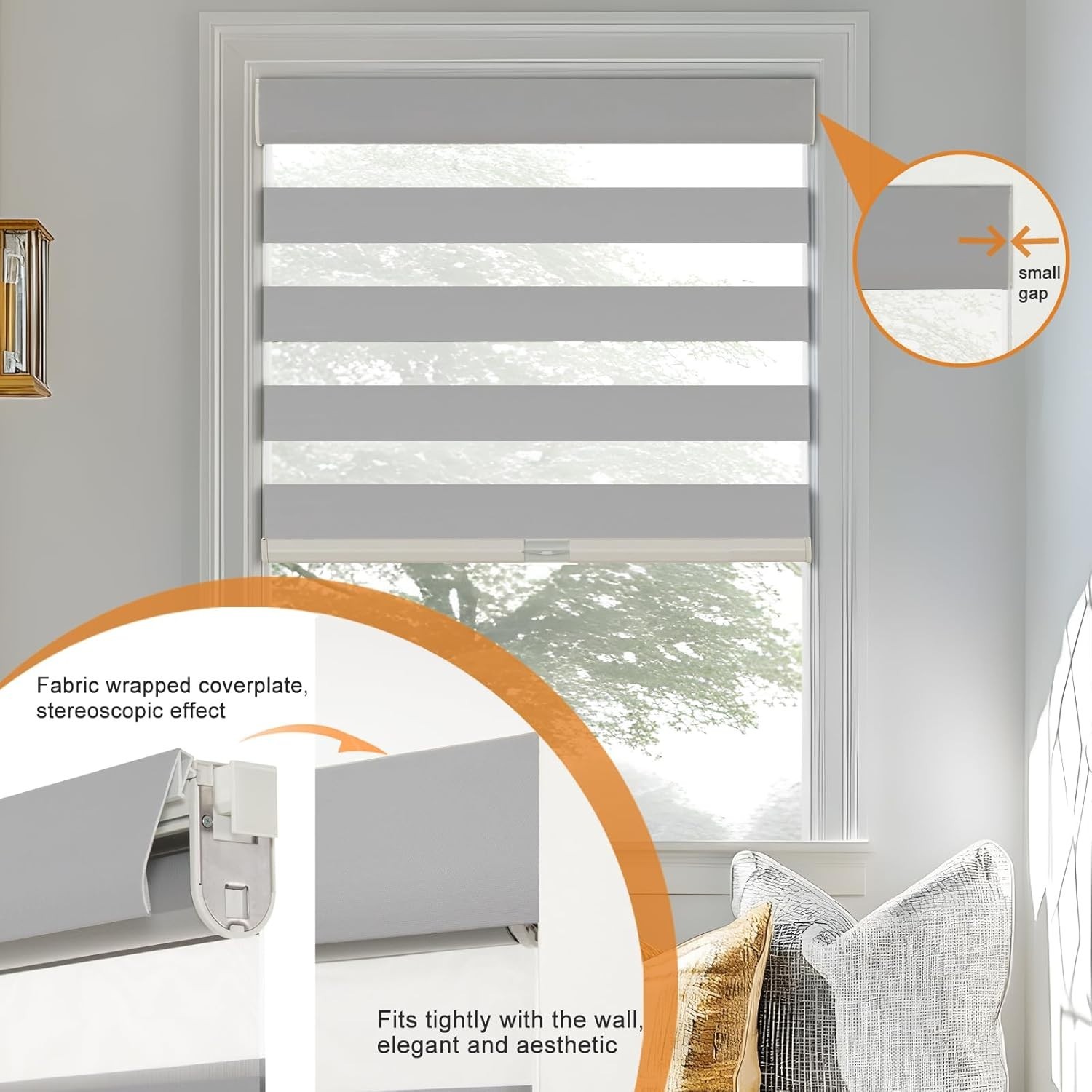 Gray METechs No-Drill Zebra Blinds – Dual Layer Light Filtering Cordless Shades