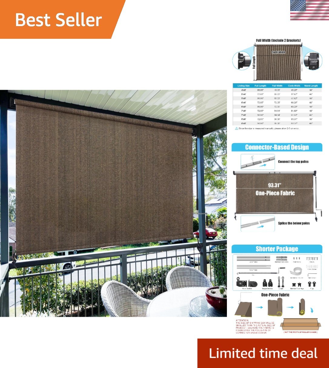 Outdoor Roller Shades, 220GSM HDPE Exterior Cordless Patio Shades Roll Up Out…