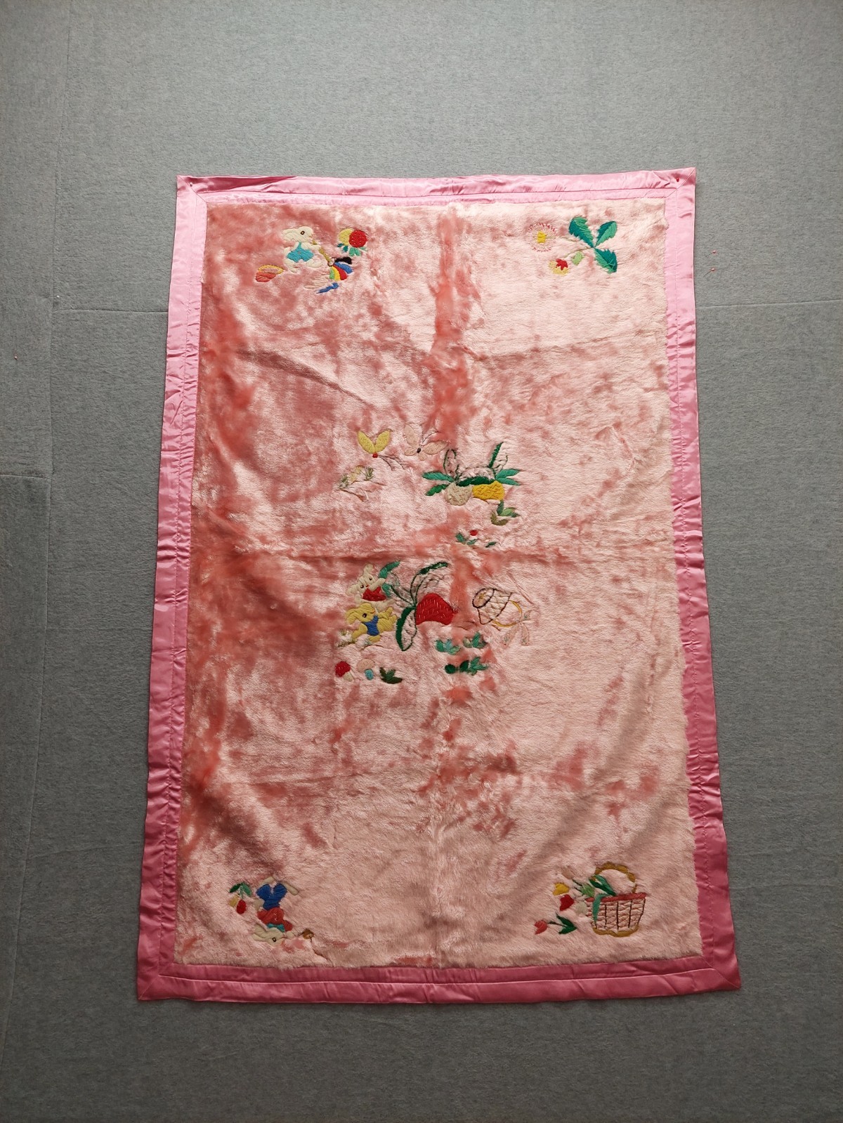 Unbranded Antique Panel Pink Floral Hand Embroidered Rectangular Decorative