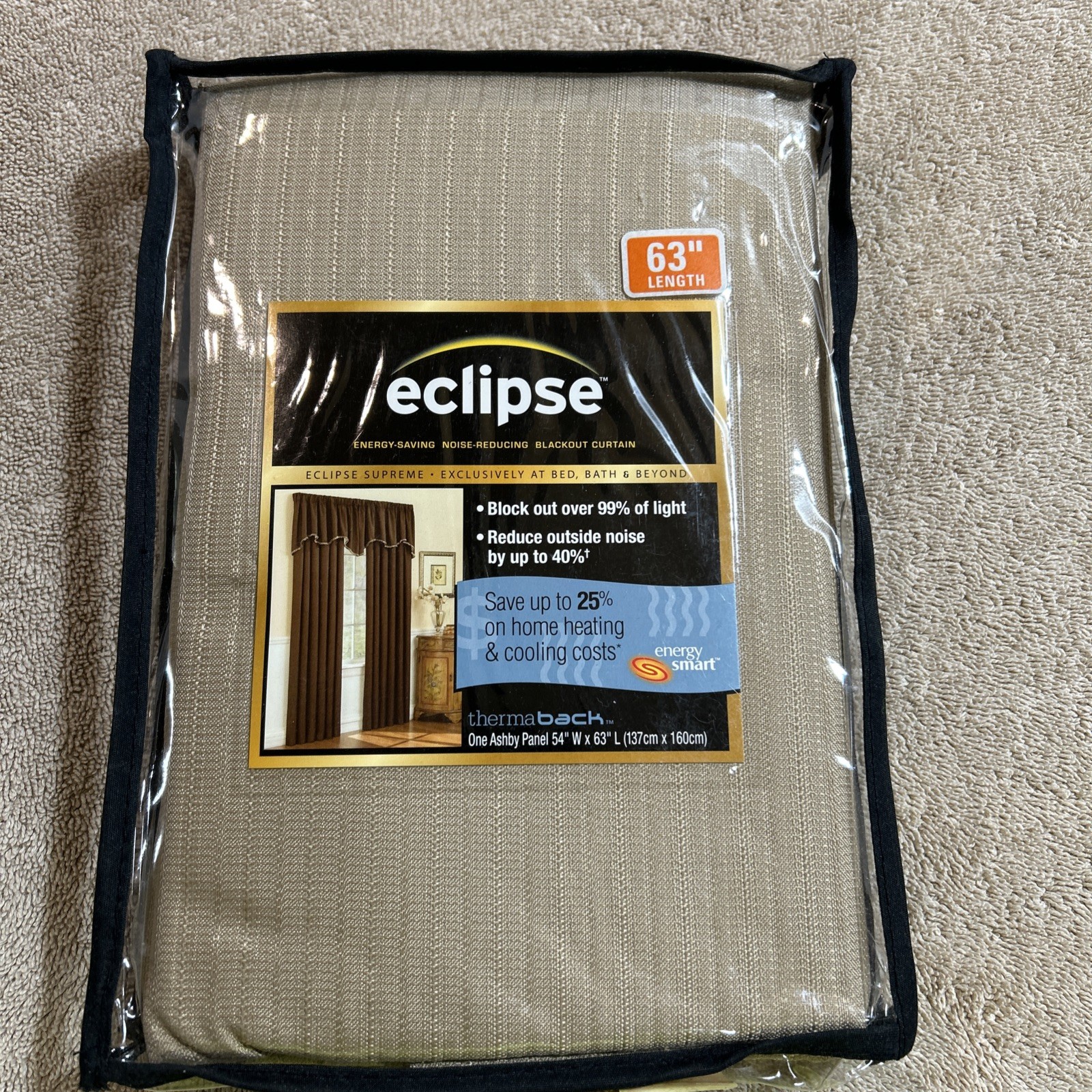 ECLIPSE 54″x63″1 Curtain Panel Khaki ASHBY Blackout Thermaback Rod Pocket New!