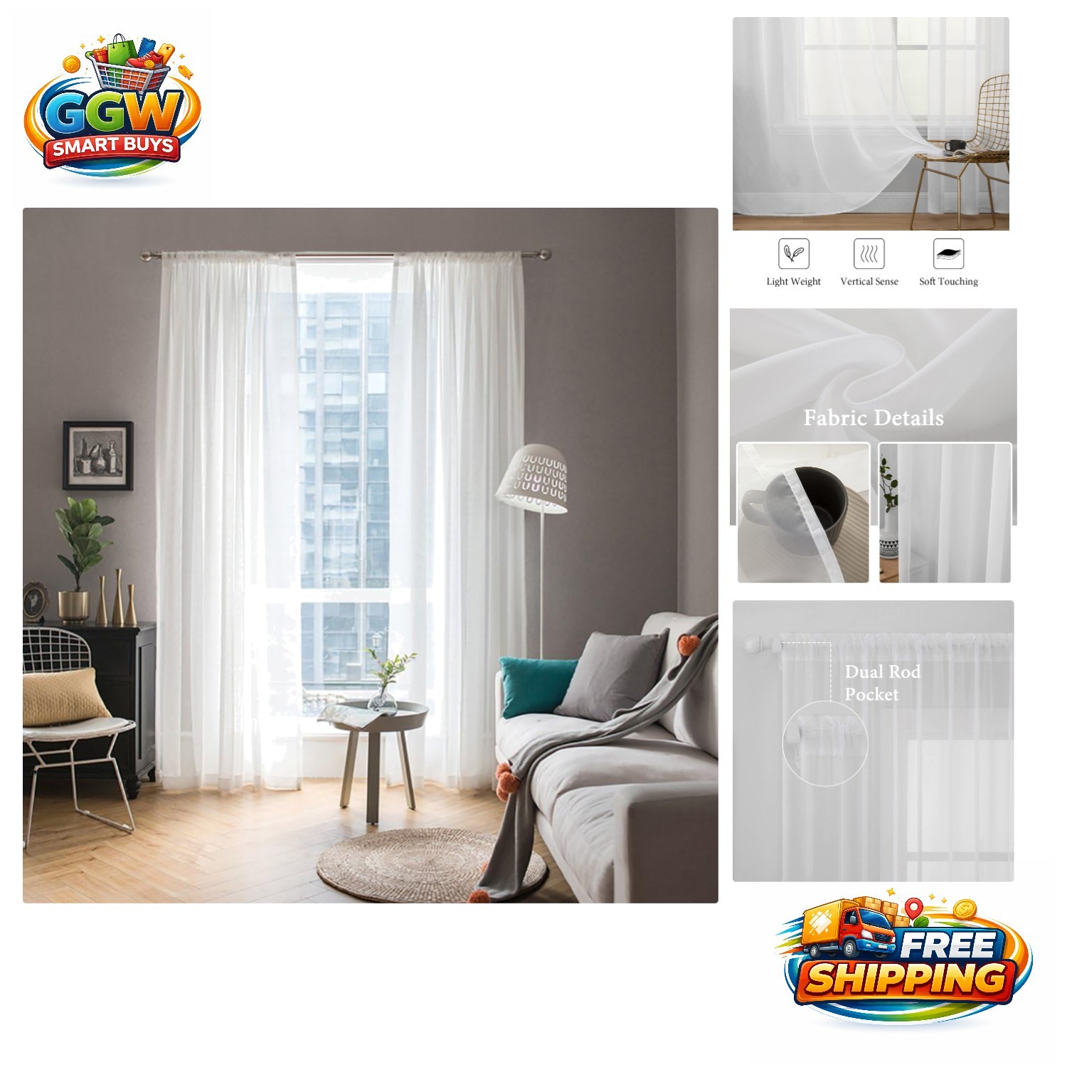 Lightweight 2-Pack 54″W x 84″L Sheer White Curtains – Contemporary Style
