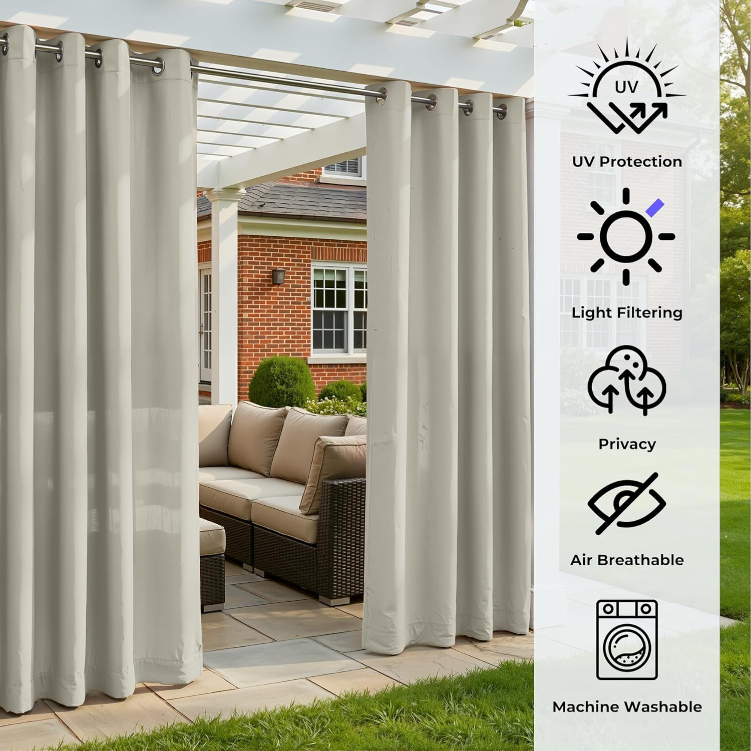 Set of 4 Outdoor Curtains for Patio Waterproof, Breathable Grommet Privacy Panel