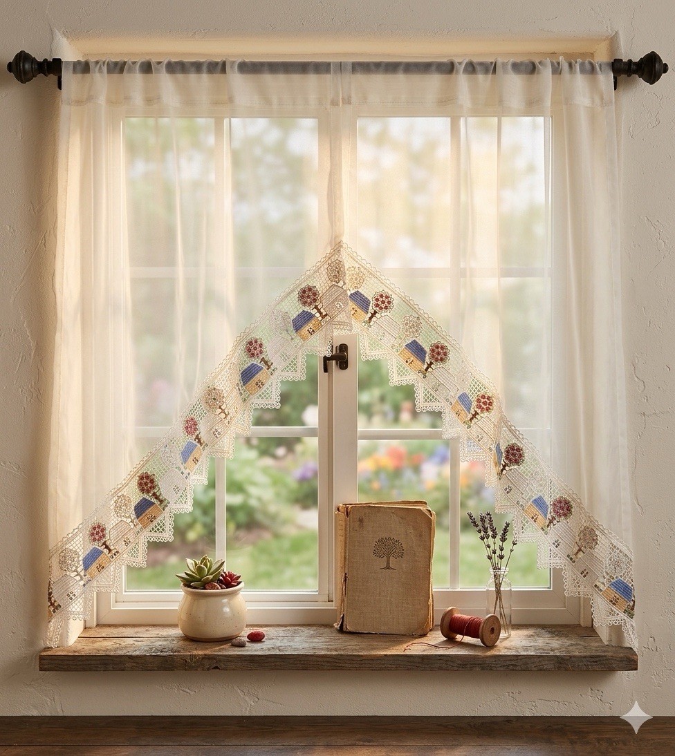 Vintage 90’s Embroidered Curtain Window Valance Panels House Trees Sheer 6 Piece