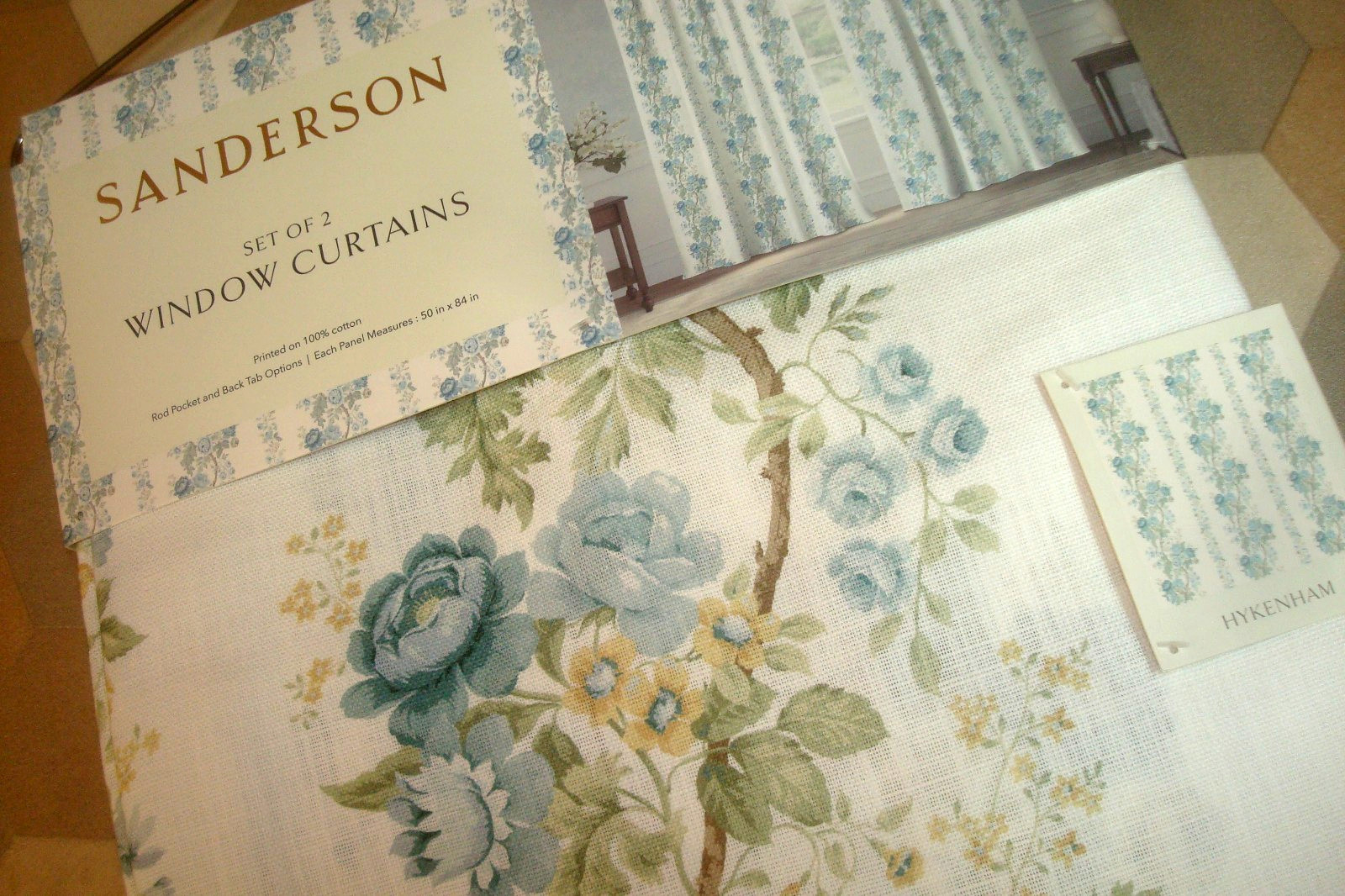 NWT Sanderson 2 pc Window Curtain Panels Hykenham Floral Aqua Blue Cotton 84″ lg