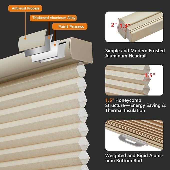 METechs Cordless Light Filtering Beige Cellular Shades – Premium Thick Cells