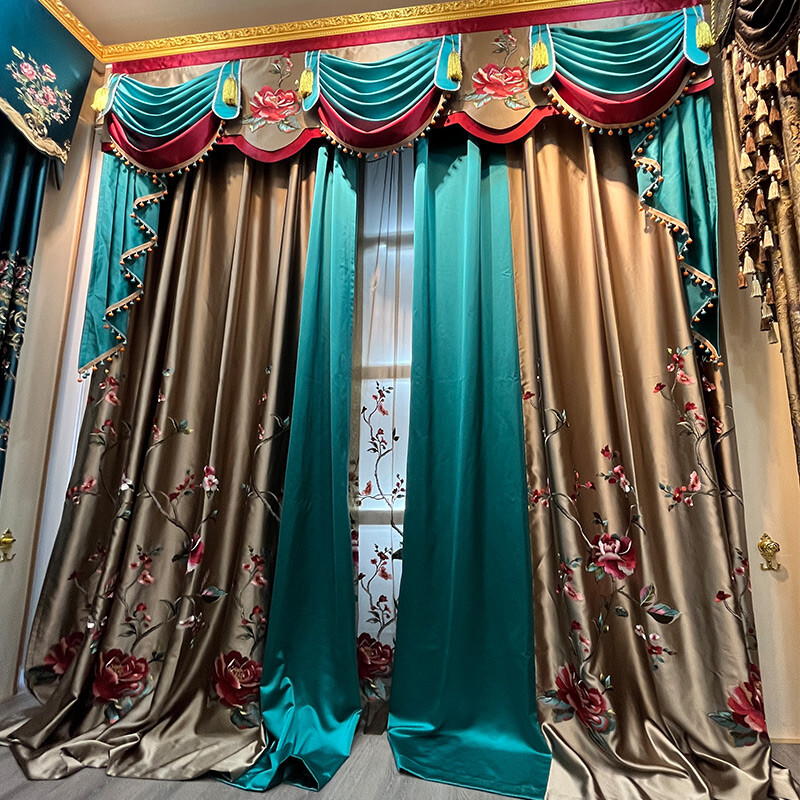 satin embroidery luxury cofee gold cloth blackout curtain valance drape C1453