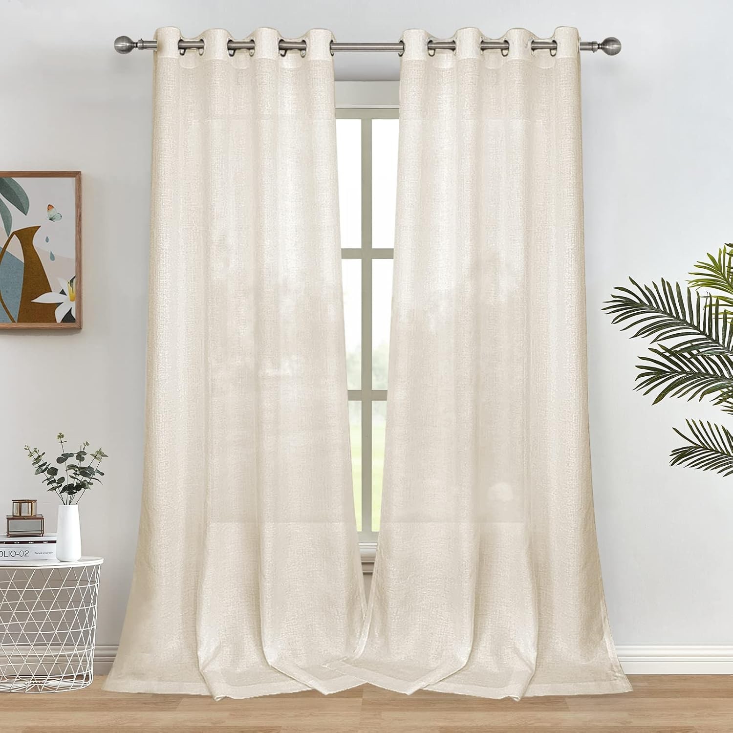 Beige Linen Semi Sheer Curtains 96 Inches Long for Living Room Bedroom Flax Line