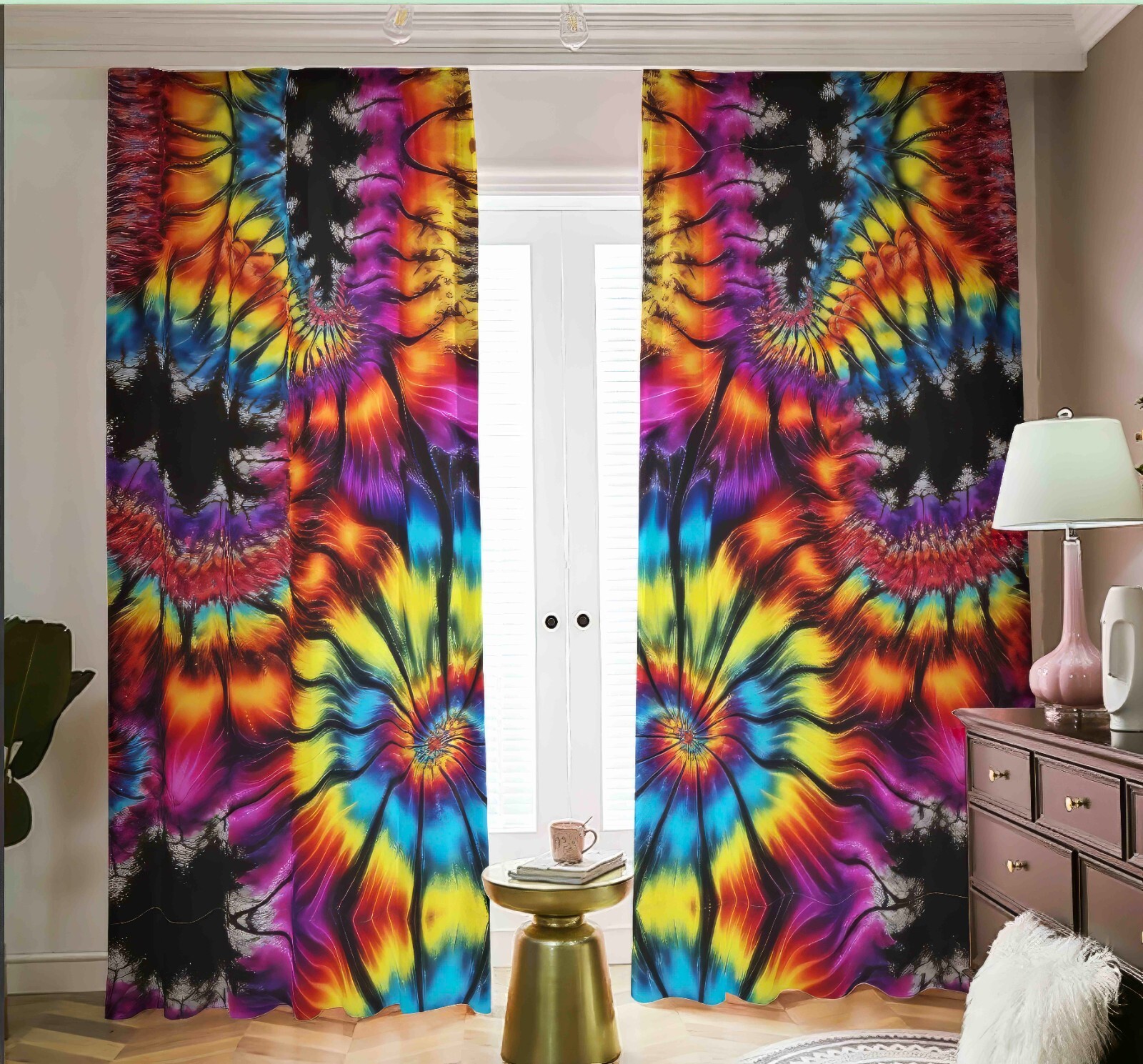 Psychedelic Tie Dye Blackout Curtains Black Out Drapes Tied Dyed Pink Rainbow