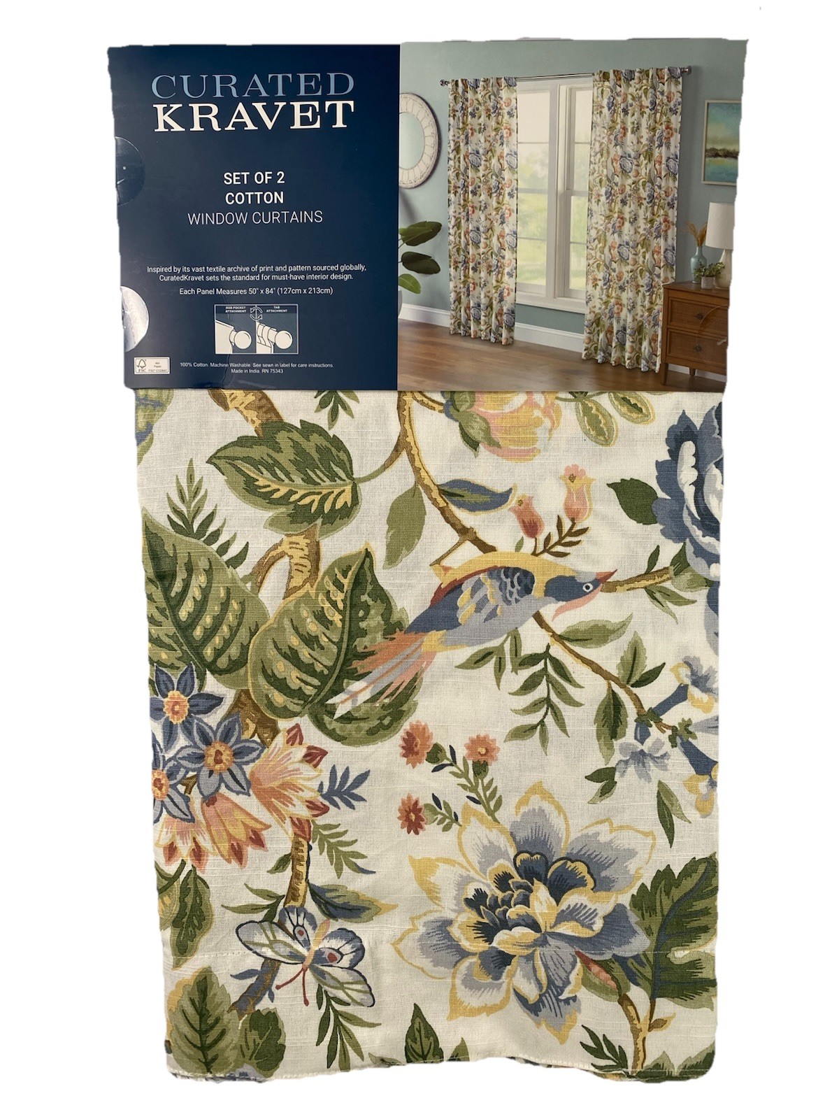 NEW Curated Kravet Window Curtains Jacobean Floral Birds Cotton 50″ x 84″ 2PC