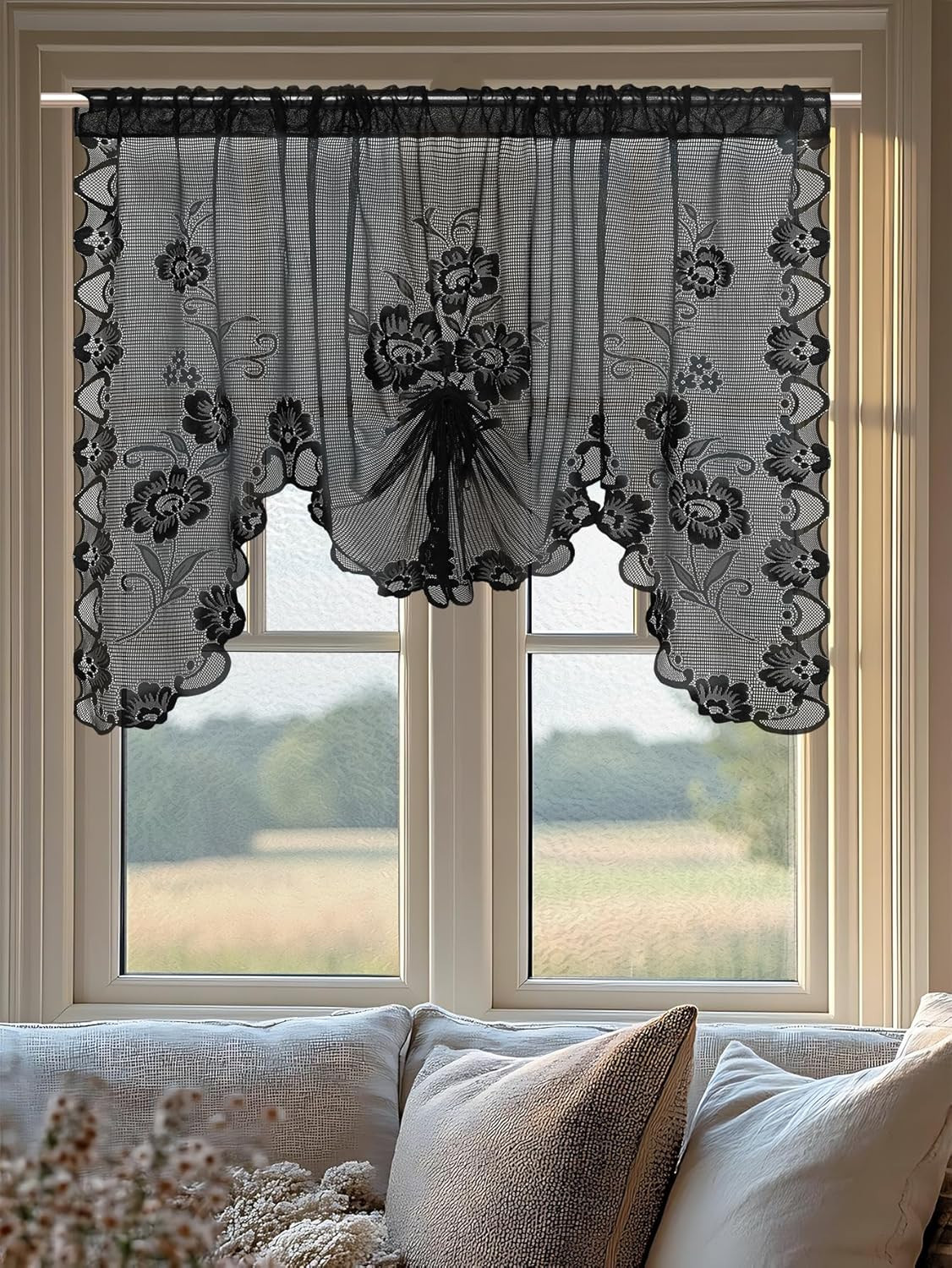 Jayla Black Semi-Sheer Floral Lace Curtain Swag for Kitchen Half Window Bathroom