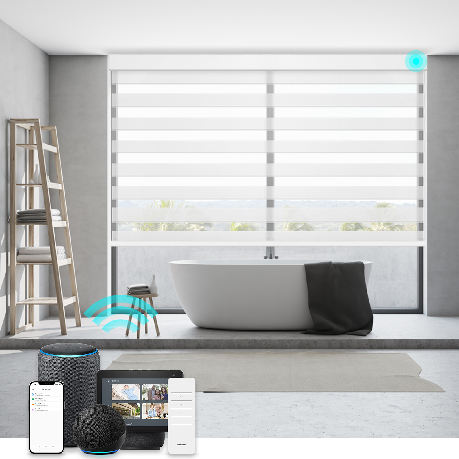Smart Light Filtering Zebra Roller Blinds Work with Alexa Phone Control
