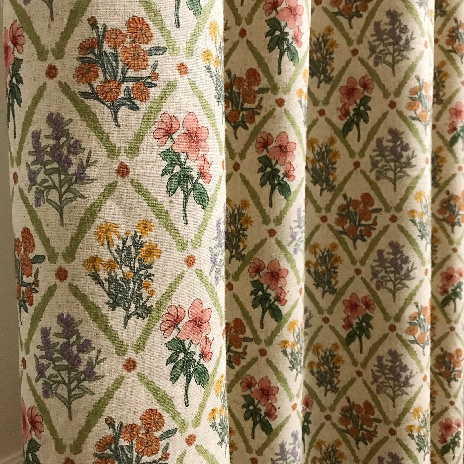 Modern Vintage Handmade Floral Rhombus Pattern Natural Beige Curtain Panels