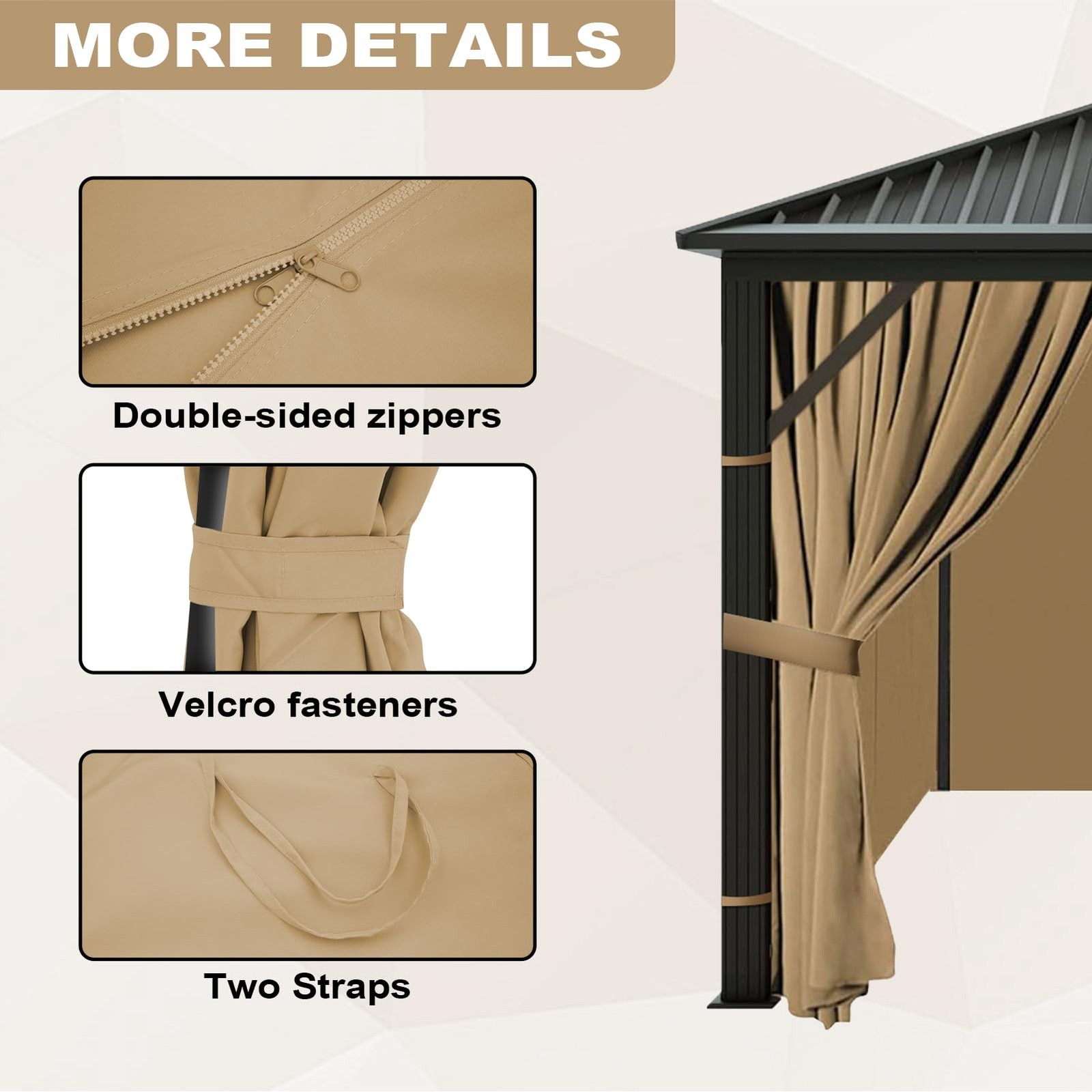 12×14 Gazebo Curtains Outdoor Waterproof Khaki 4-Panel Set Universal