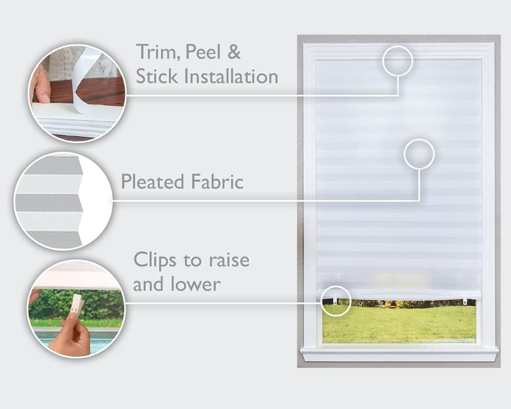 No Tools Light Filtering Pleated Fabric Shade White, 36″ W x 72″ L, 1 Pack