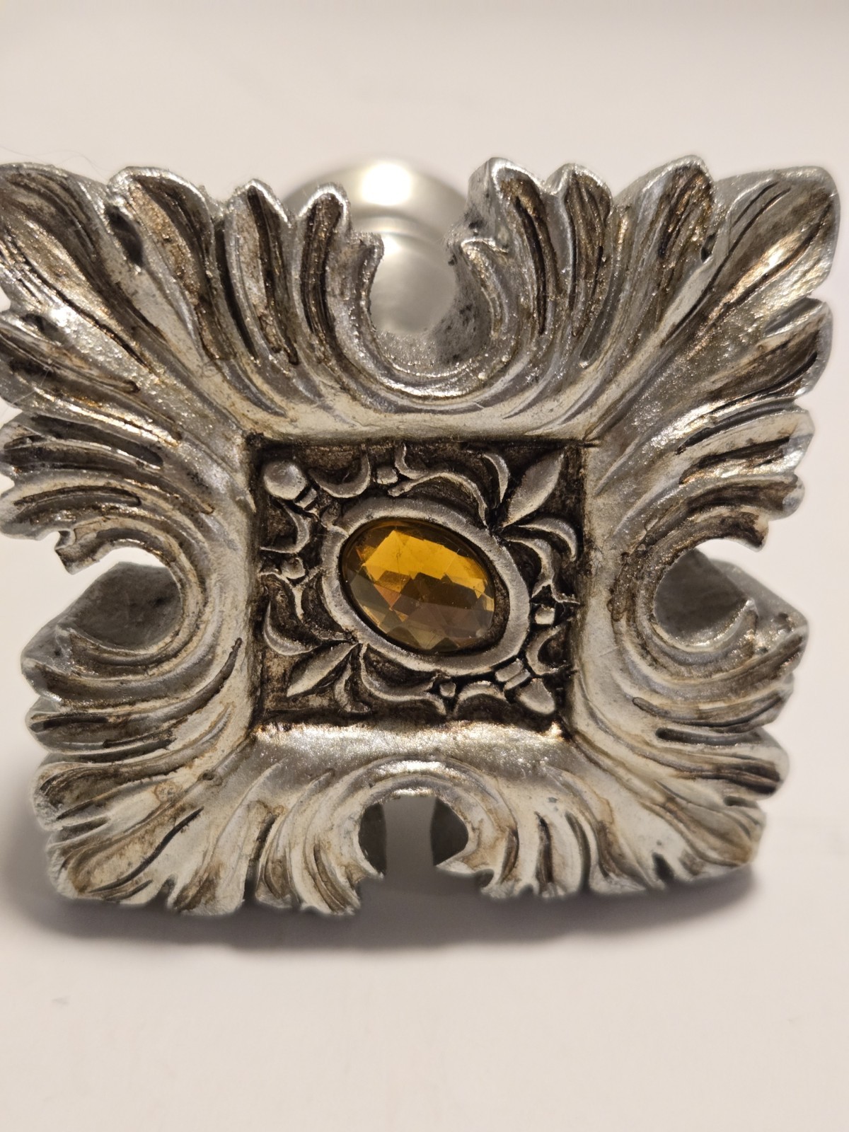 Curtain Tie Back Holder Antiqued Silver Toned- Amber Gem Scroll Finial Set Of 4