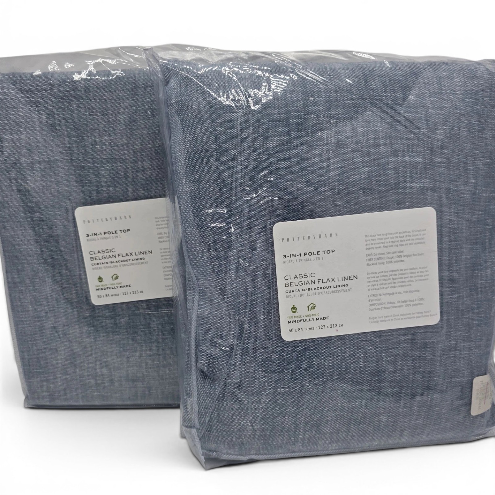 Pottery Barn Set of 2 Belgian Flax Linen Blackout Curtains 50×84 Chambray Blue