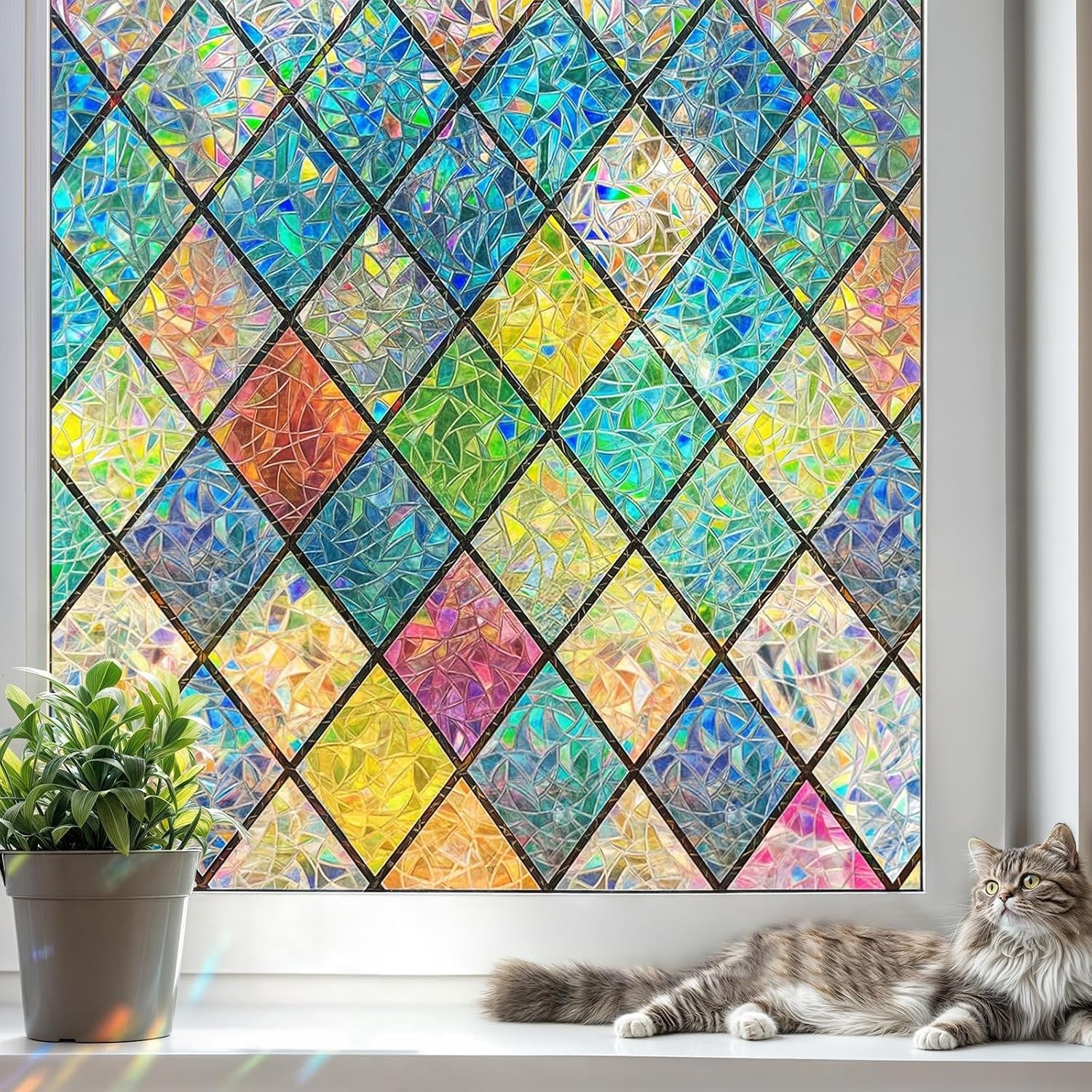 Stained Glass Window Film – Rainbow Diamond Grid, 11.8×39.3 Inch Privacy Decor
