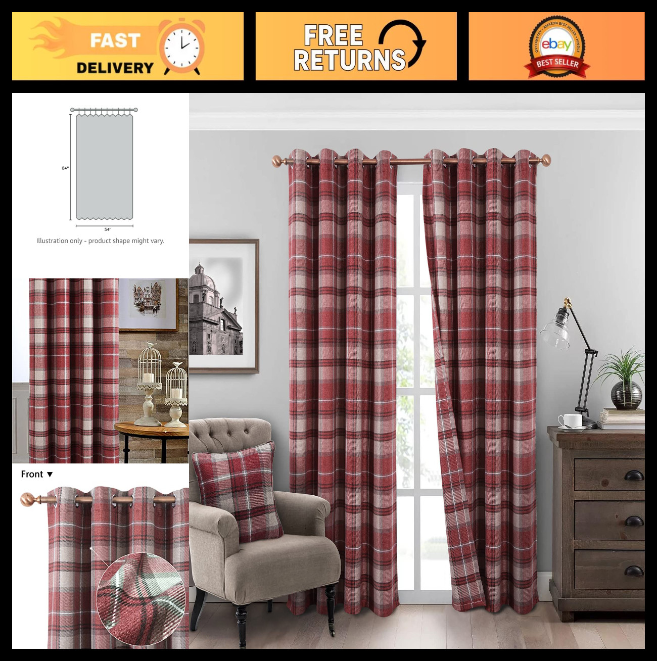 Modern Classic Plaid Curtains 54×84″ Burgundy Red Tartan Drapes – 2 Panels for L